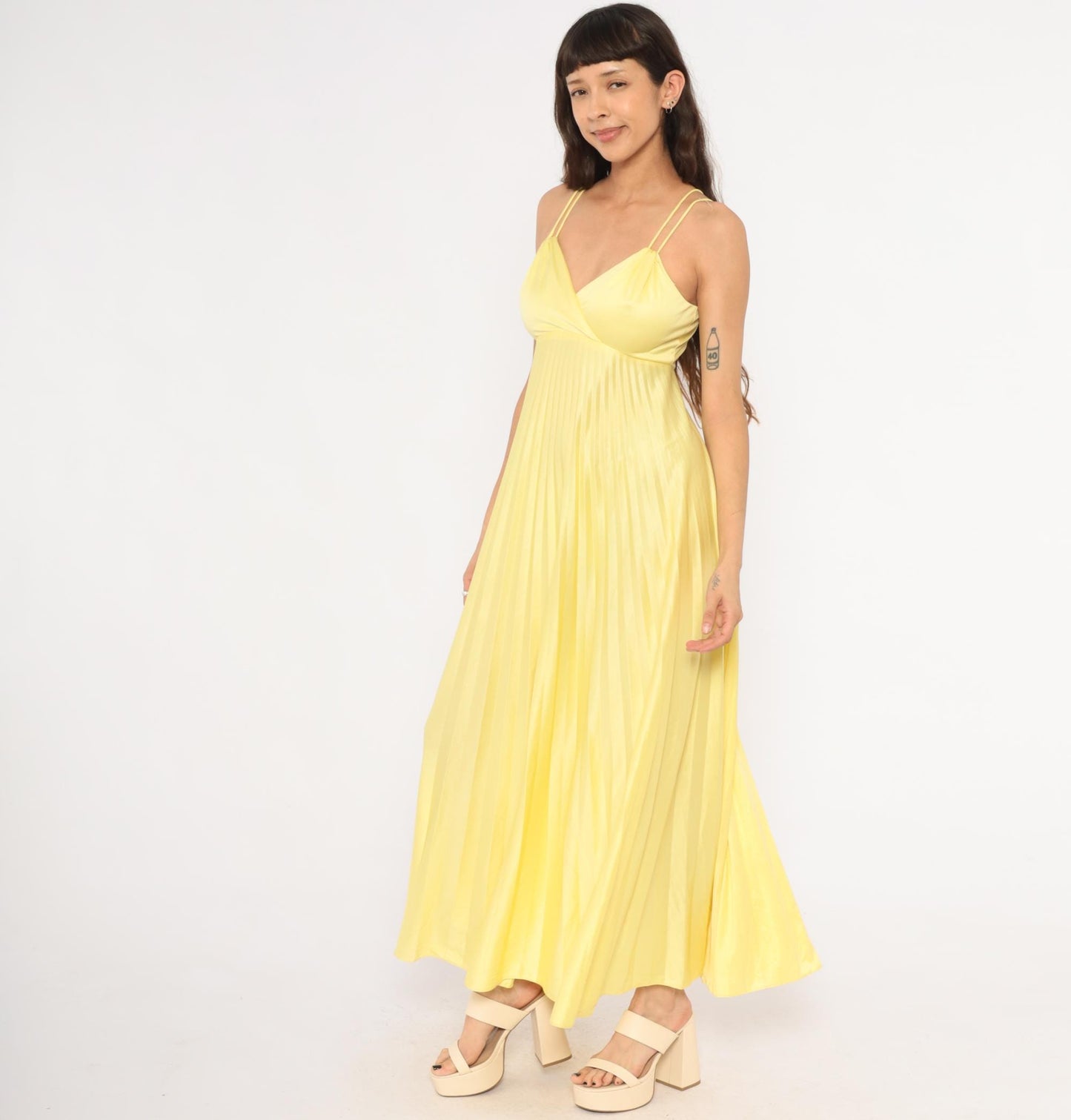 70s Yellow Pleated Maxi Dress Empire Waist Accordion Pleat Surplice Small