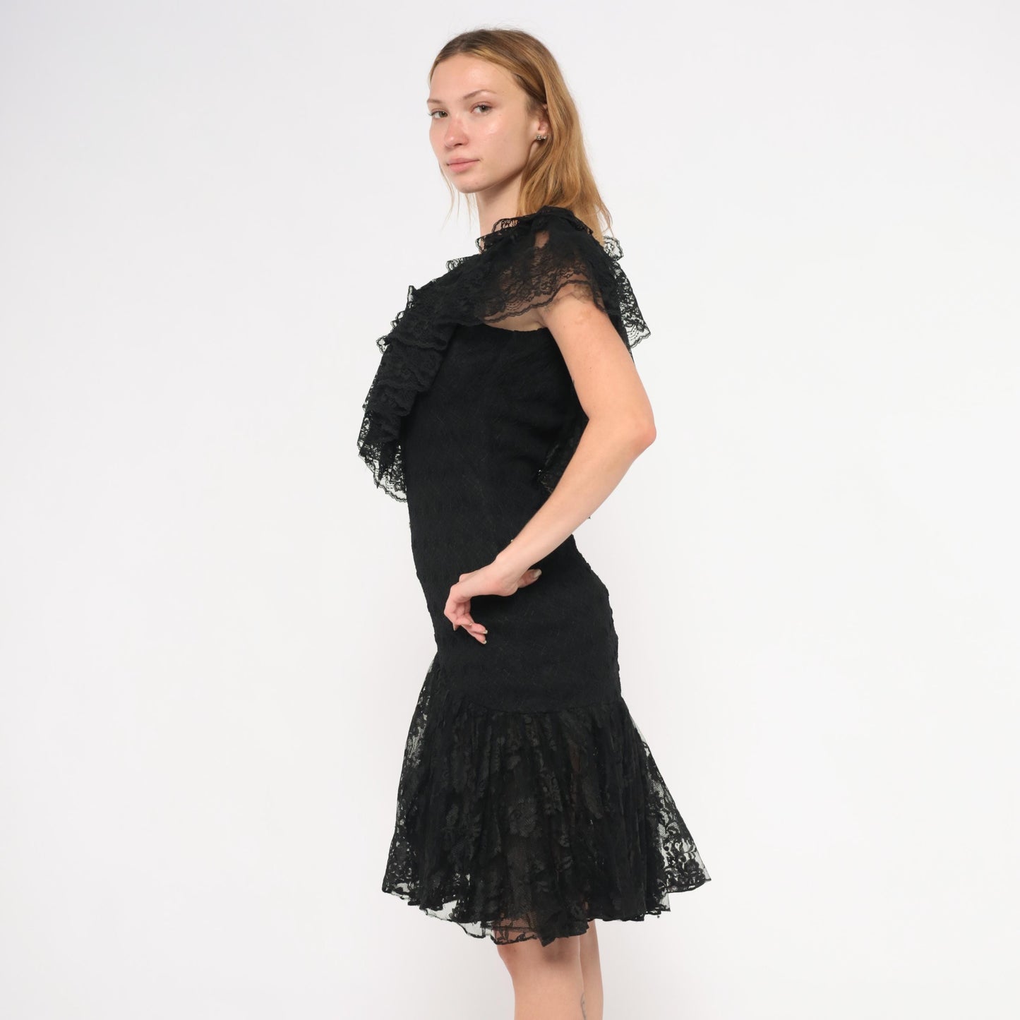 90s Lou Gene's Black Lace Dress Flutter Sleeve Open Back Knee-Length Small S