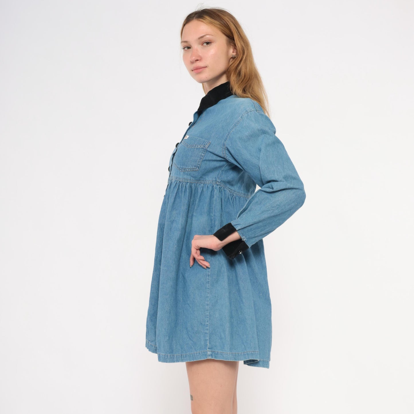 90s Forewarned Jeans Denim Babydoll Dress Black Velvet Collar Mini Small S