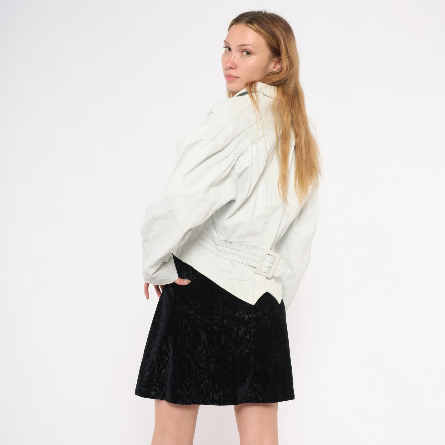 90s Chia Cropped Leather Jacket White Snap Front Batwing Sleeve Medium