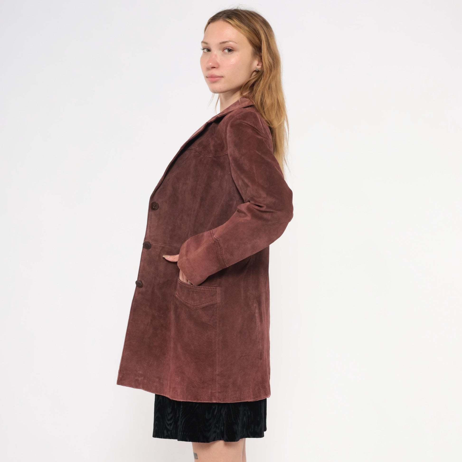 2000s Burgundy Leather Blazer Notched Lapel Long Line Small S