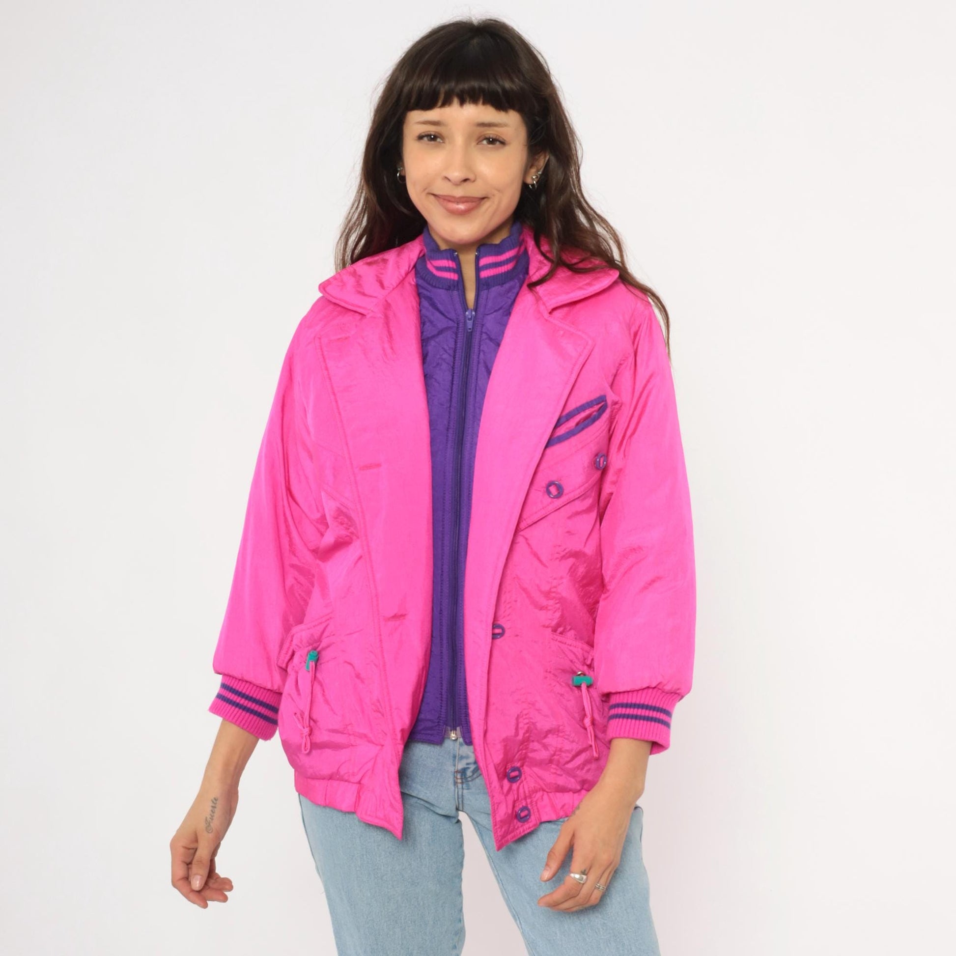 90s Survival Club Hot Pink Nylon Windbreaker Double Breasted Purple Lined XS
