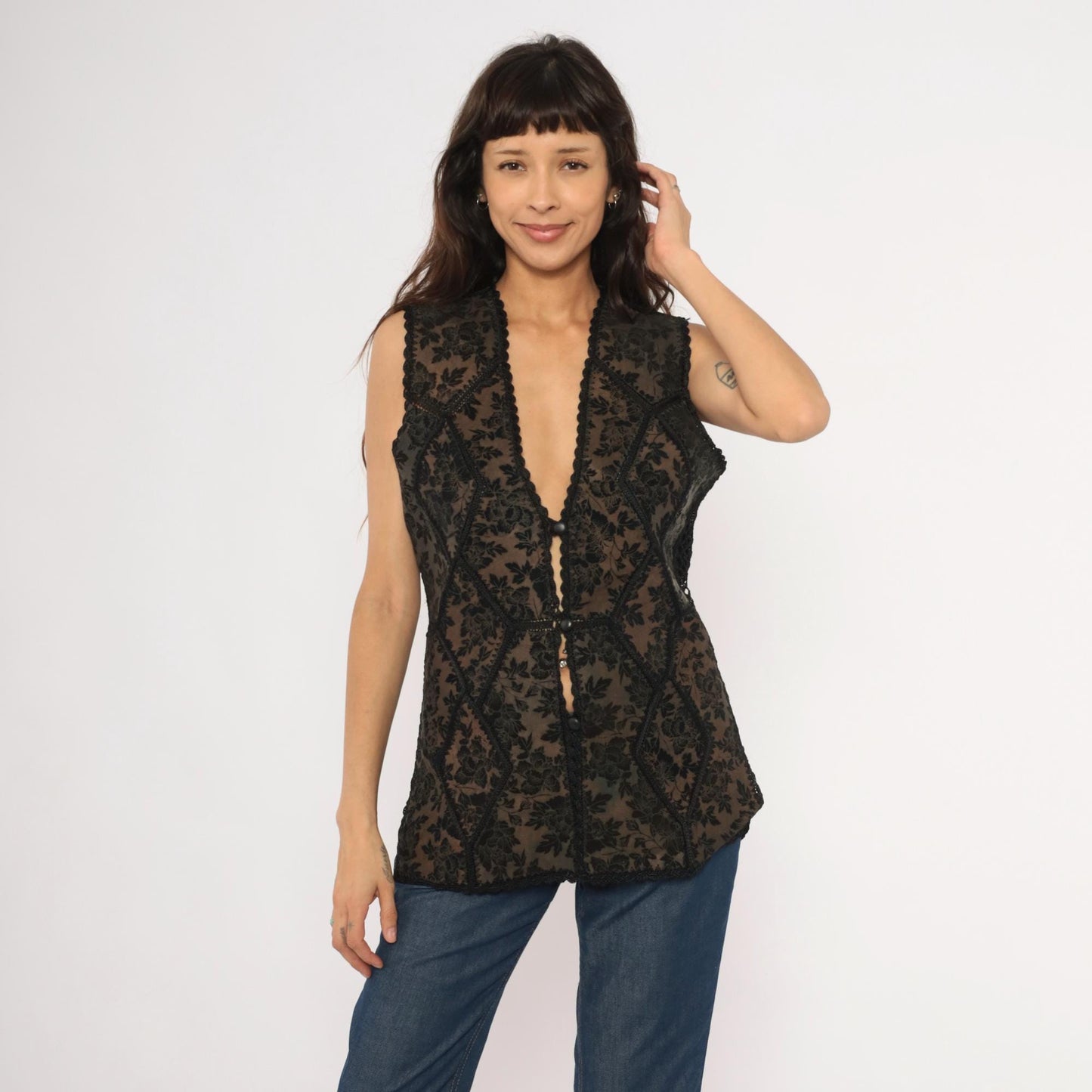 90s Reversible Black Suede Lace Vest Floral Crochet Trim Medium M