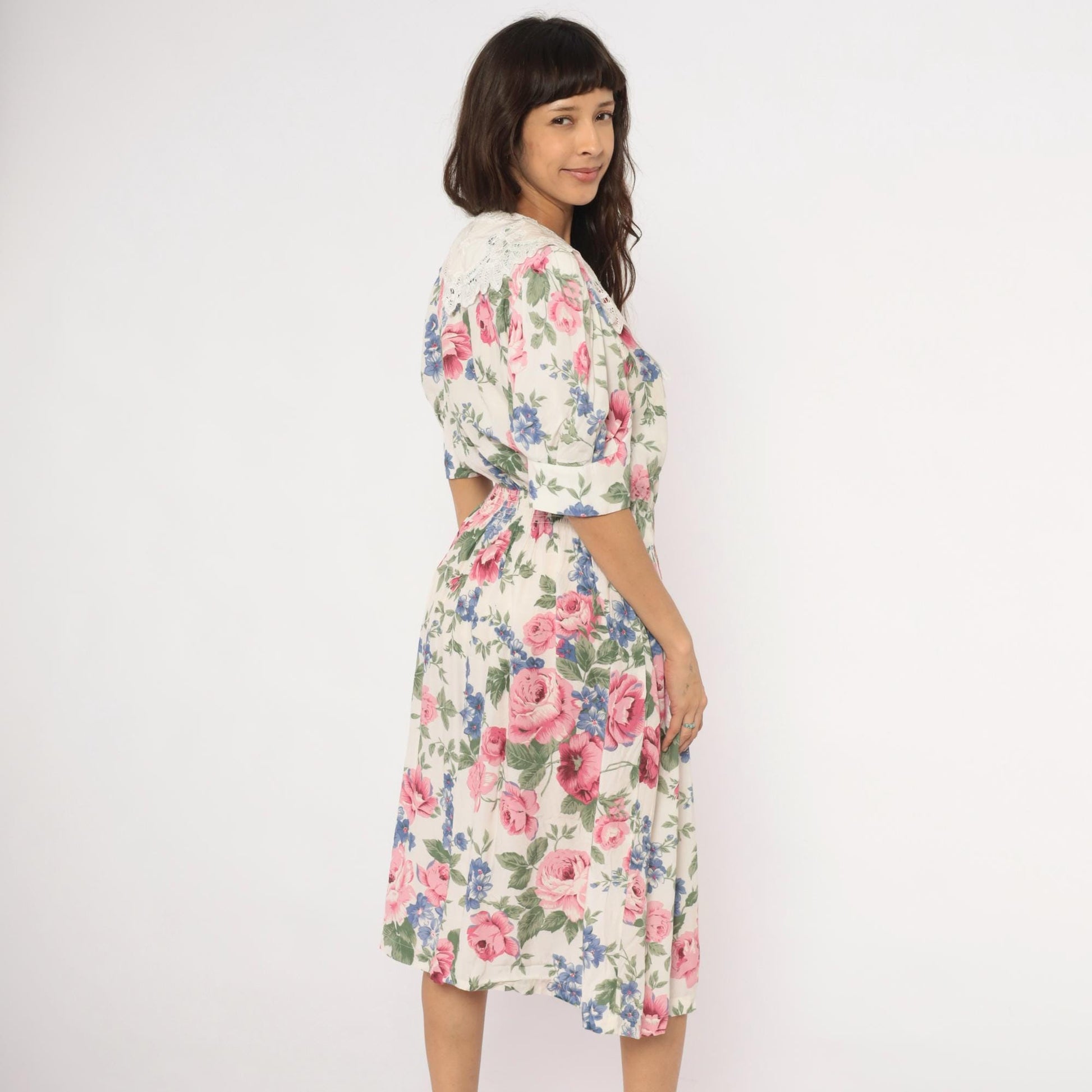 90s Karin Stevens Floral Midi Dress Lace Collar Puff Sleeve Pink Rose Large L