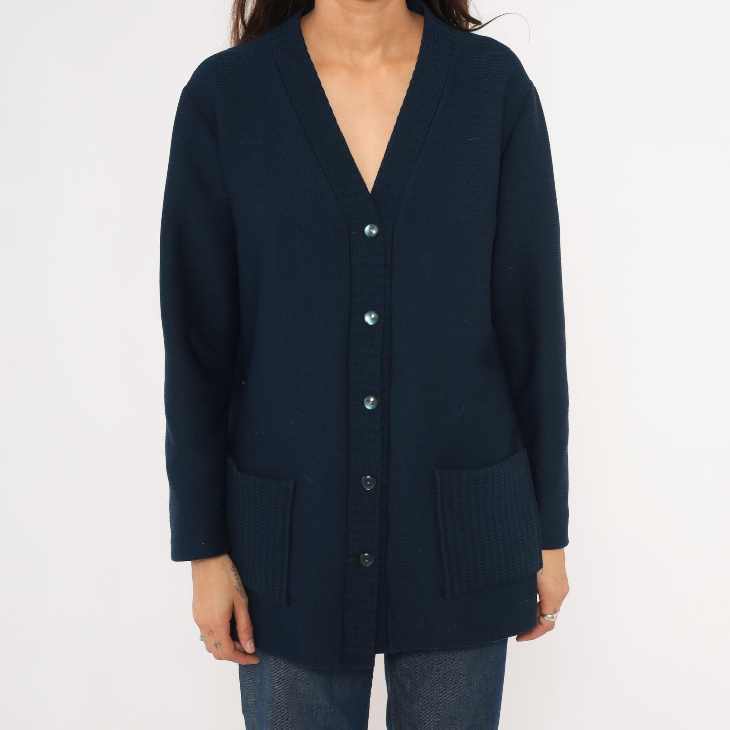 70s Navy Button Front Cardigan V Neck Knit Sweater Patch Pocket Large L