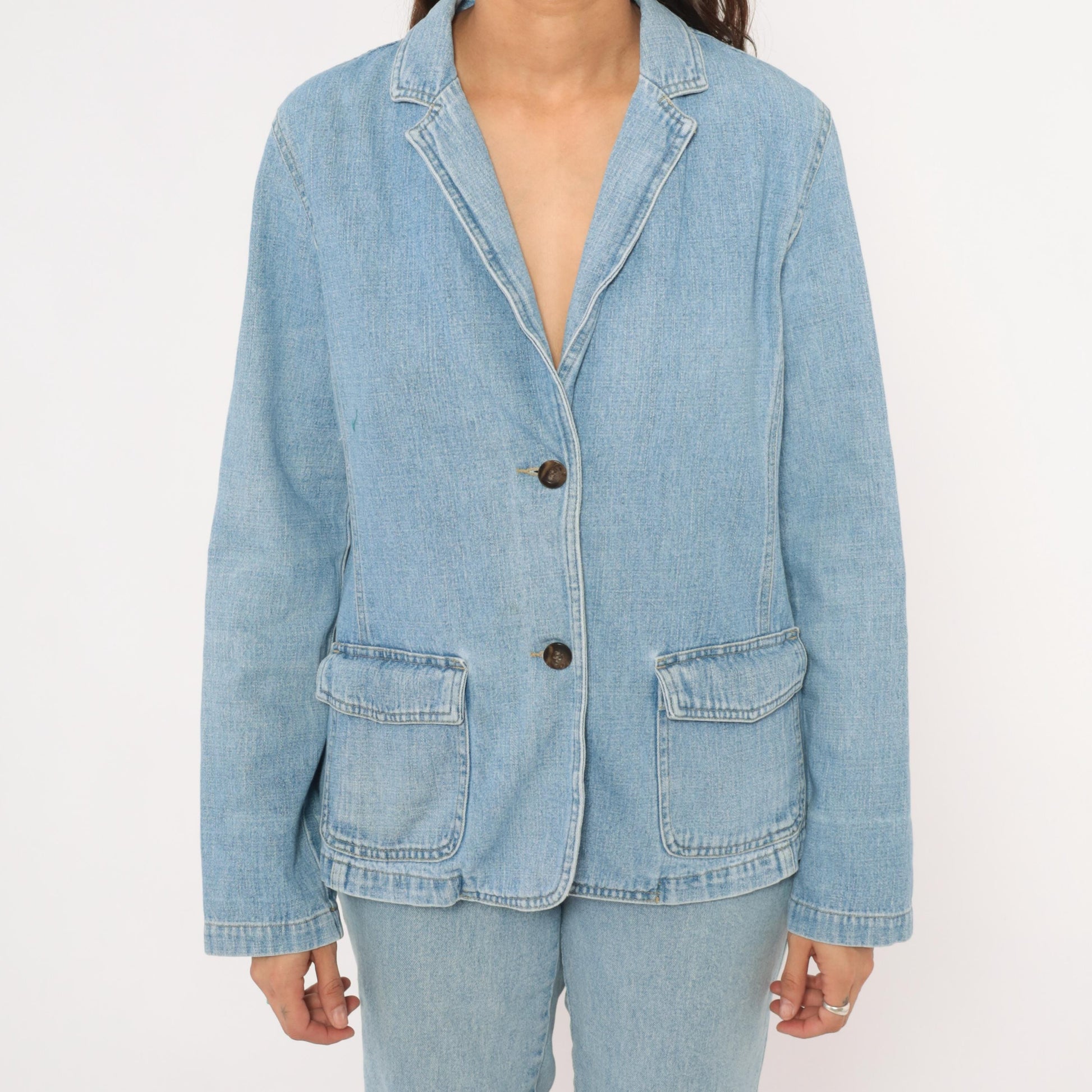 2000s Crazy Horse Light Wash Denim Blazer Notched Lapel Cotton Medium M