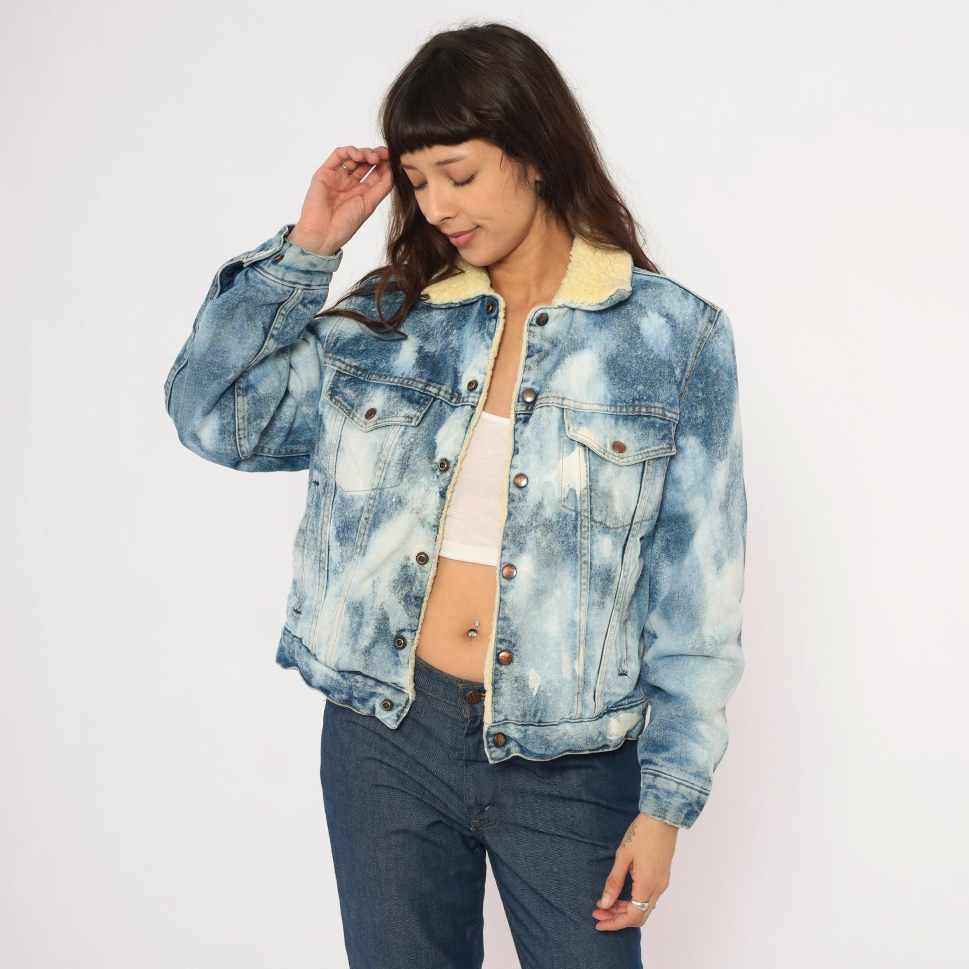 90s Silver Spur Western Acid Wash Denim Jacket Sherpa Lined Small