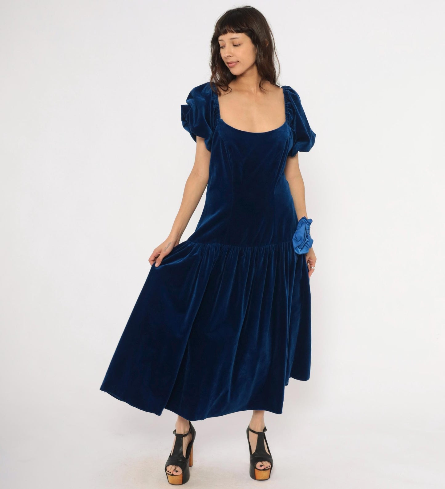 80s Bianchi Navy Velvet Maxi Gown Puff Sleeve Drop Waist Rosette Large L