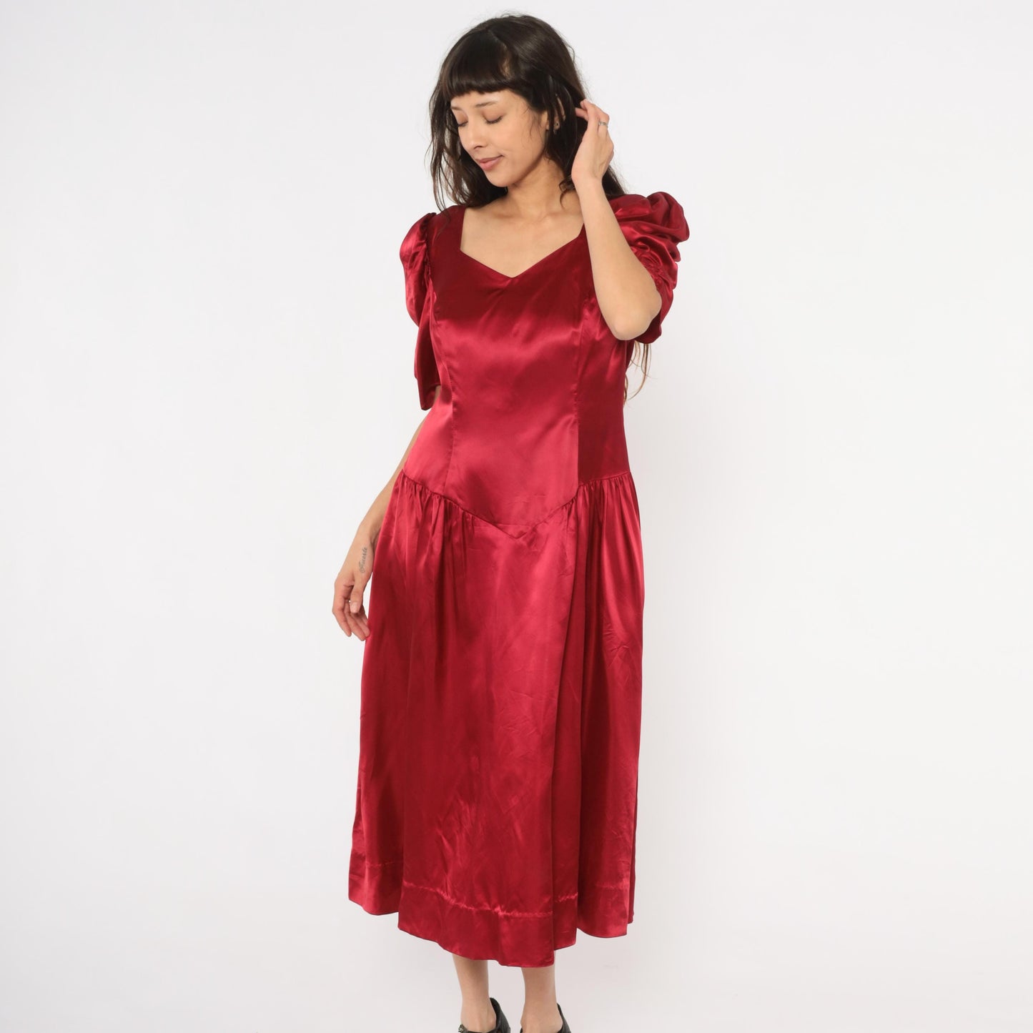 80s Burgundy Satin Midi Dress Puff Sleeve Sweetheart Neckline Bow Back Large L