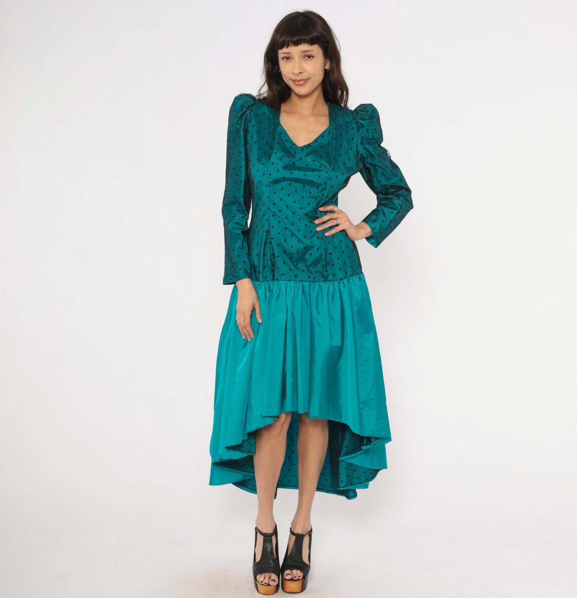 80s Milt Russell Original Teal Polka Dot Puff Sleeve Gown High-Low Medium M