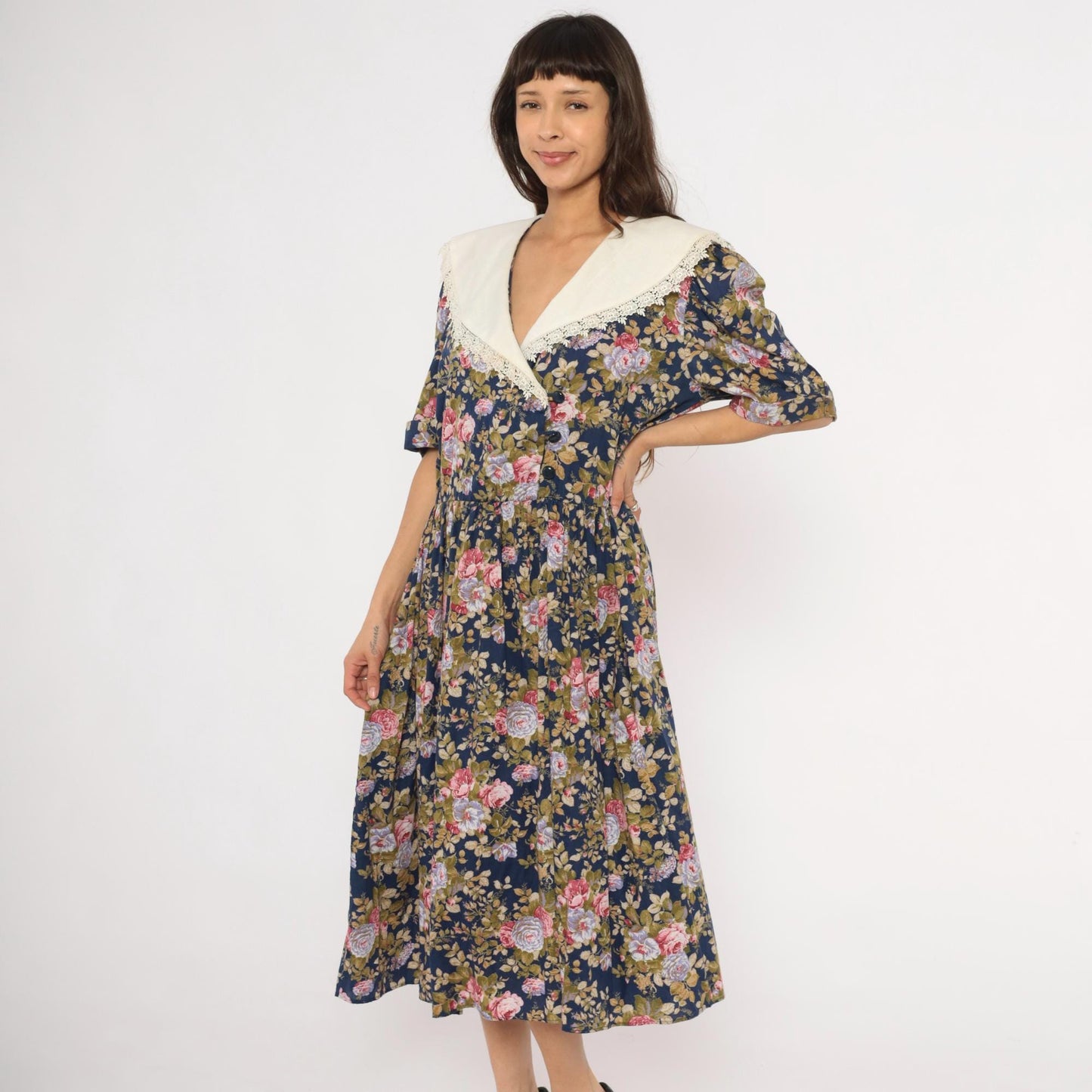 80s Tina Barri Floral Midi Dress Navy Rose Lace Collar Short Sleeve Extra Large