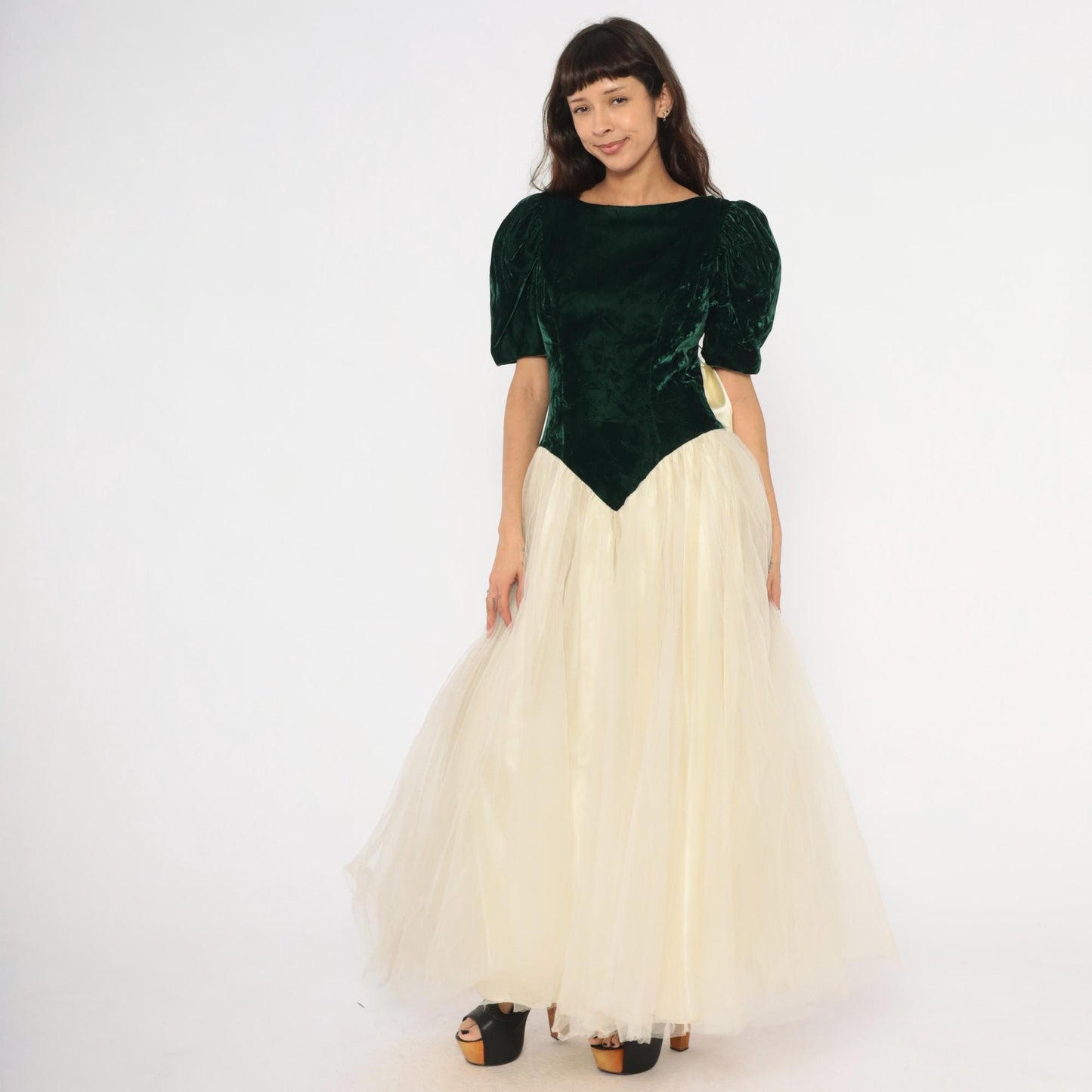 80s Emerald Velvet Puff Sleeve Gown Cream Tulle Skirt Basque Waist Medium M