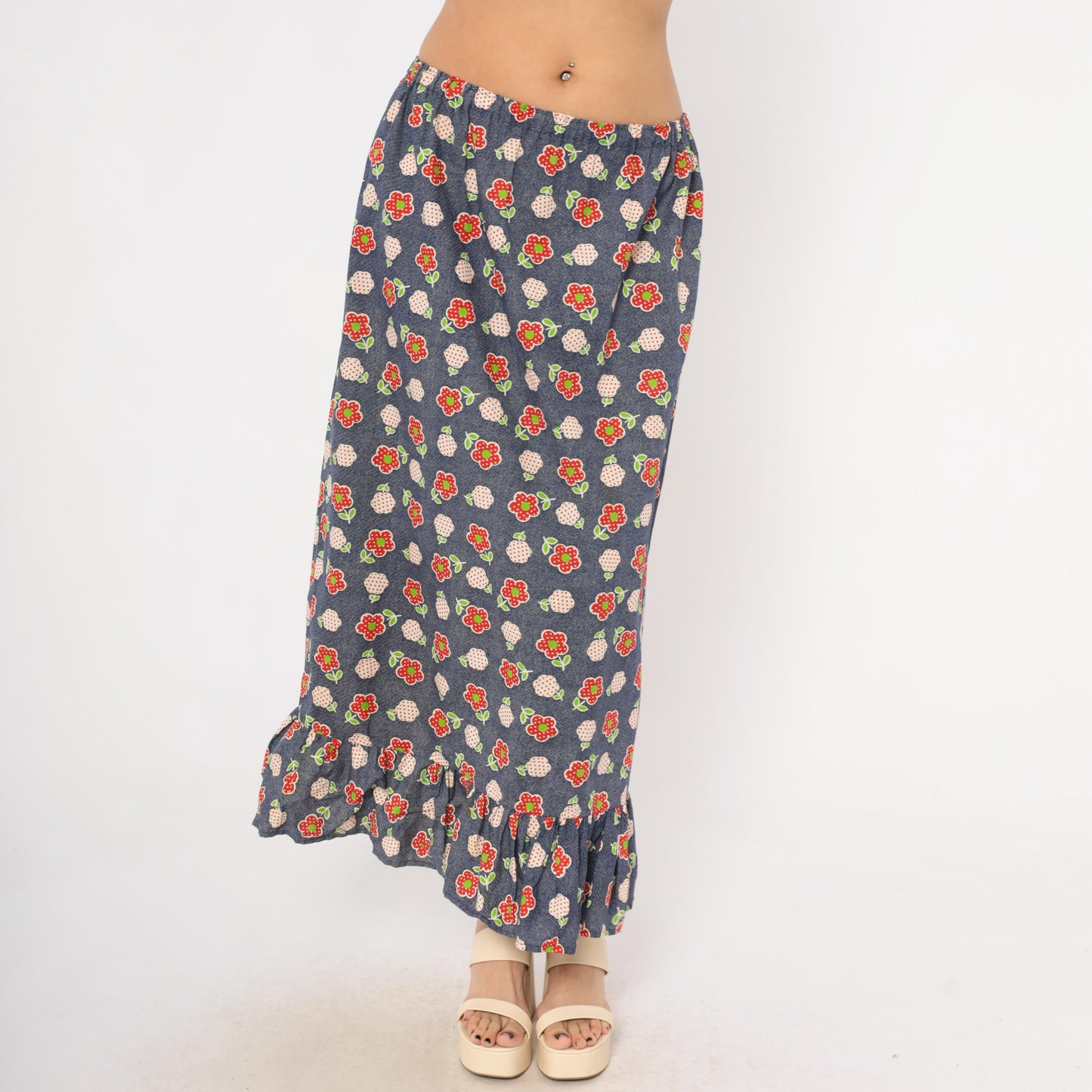 70s Navy Floral Maxi Skirt Strawberry Print Cotton Ruffle Hem Large L