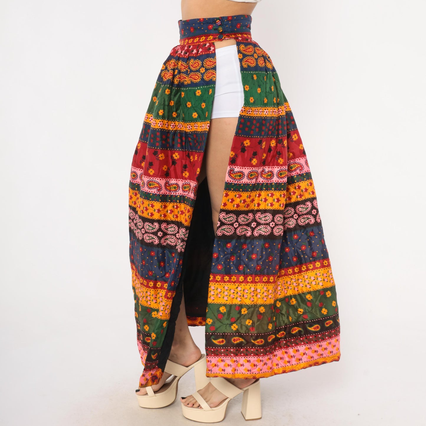 70s Best & Co. Paisley Floral Maxi Skirt Button Front High Waist Small