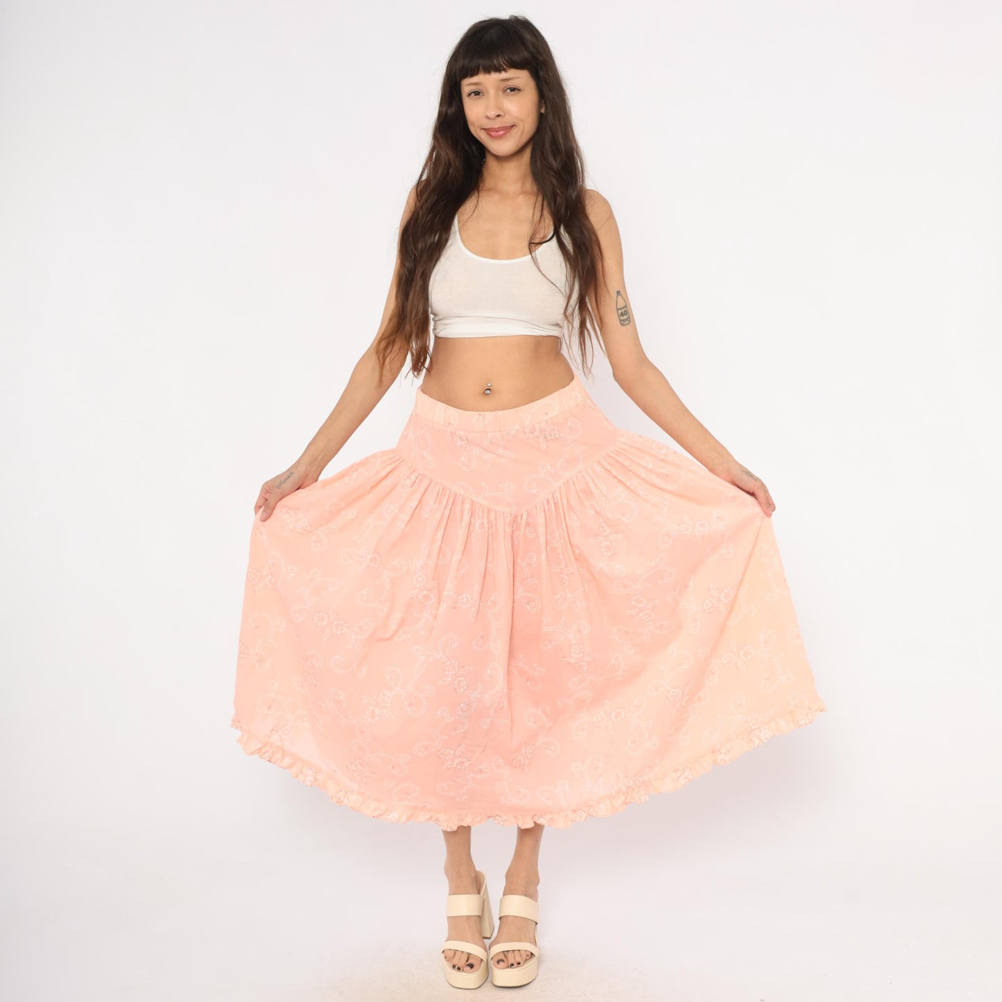 90s California Connection Peach Floral Midi Skirt Ruffled Hem Medium M