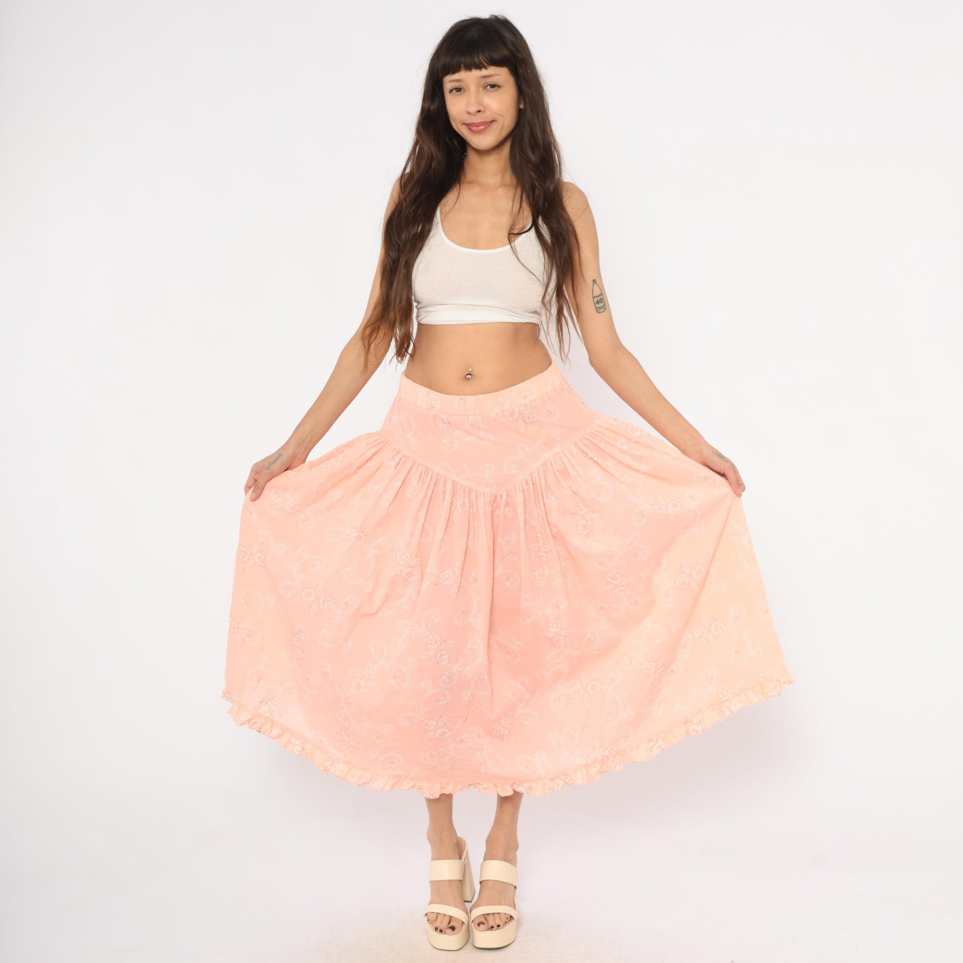 90s California Connection Peach Floral Midi Skirt Ruffled Hem Medium M