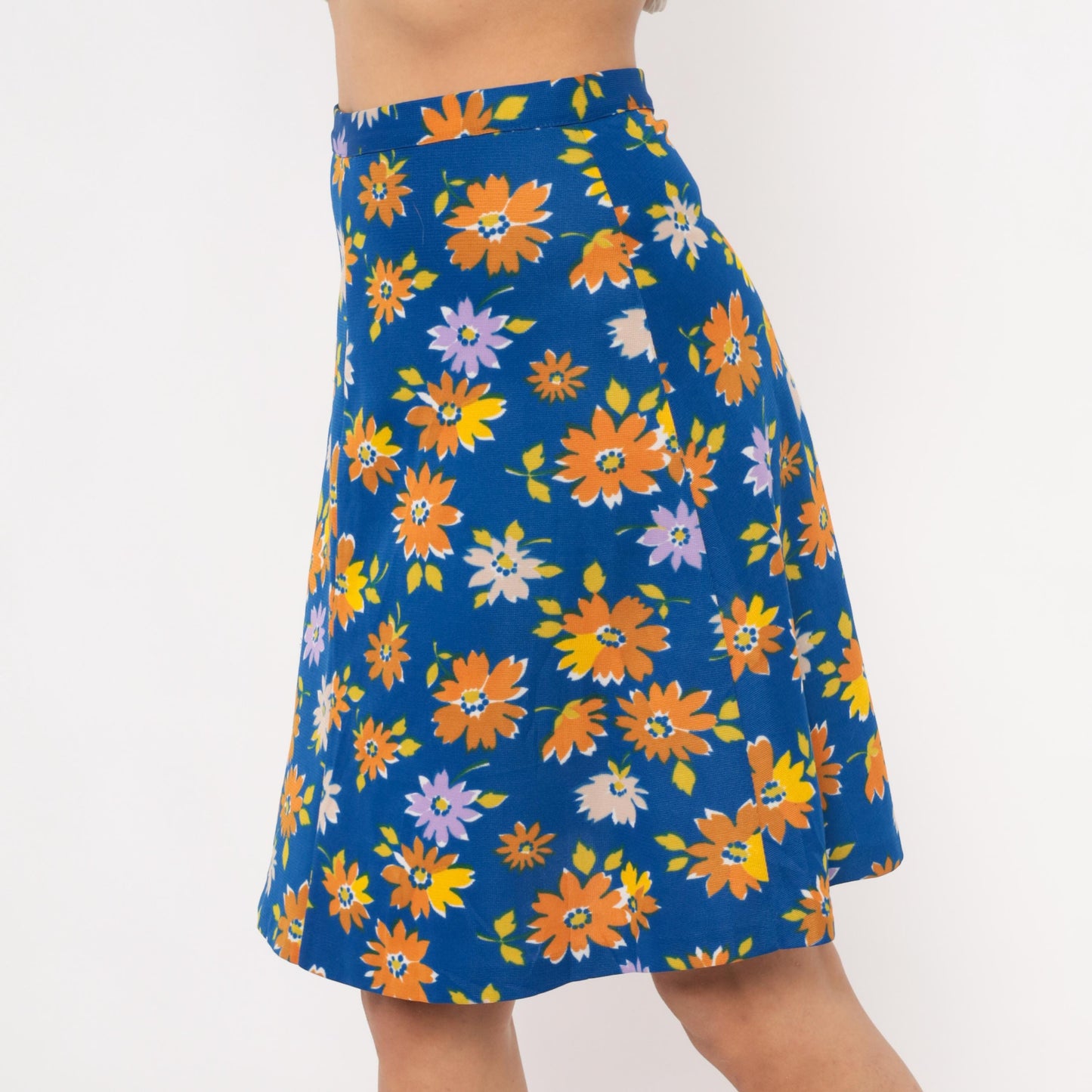 70s Cobalt Blue Daisy Print A-Line Mini Skirt Floral Small S