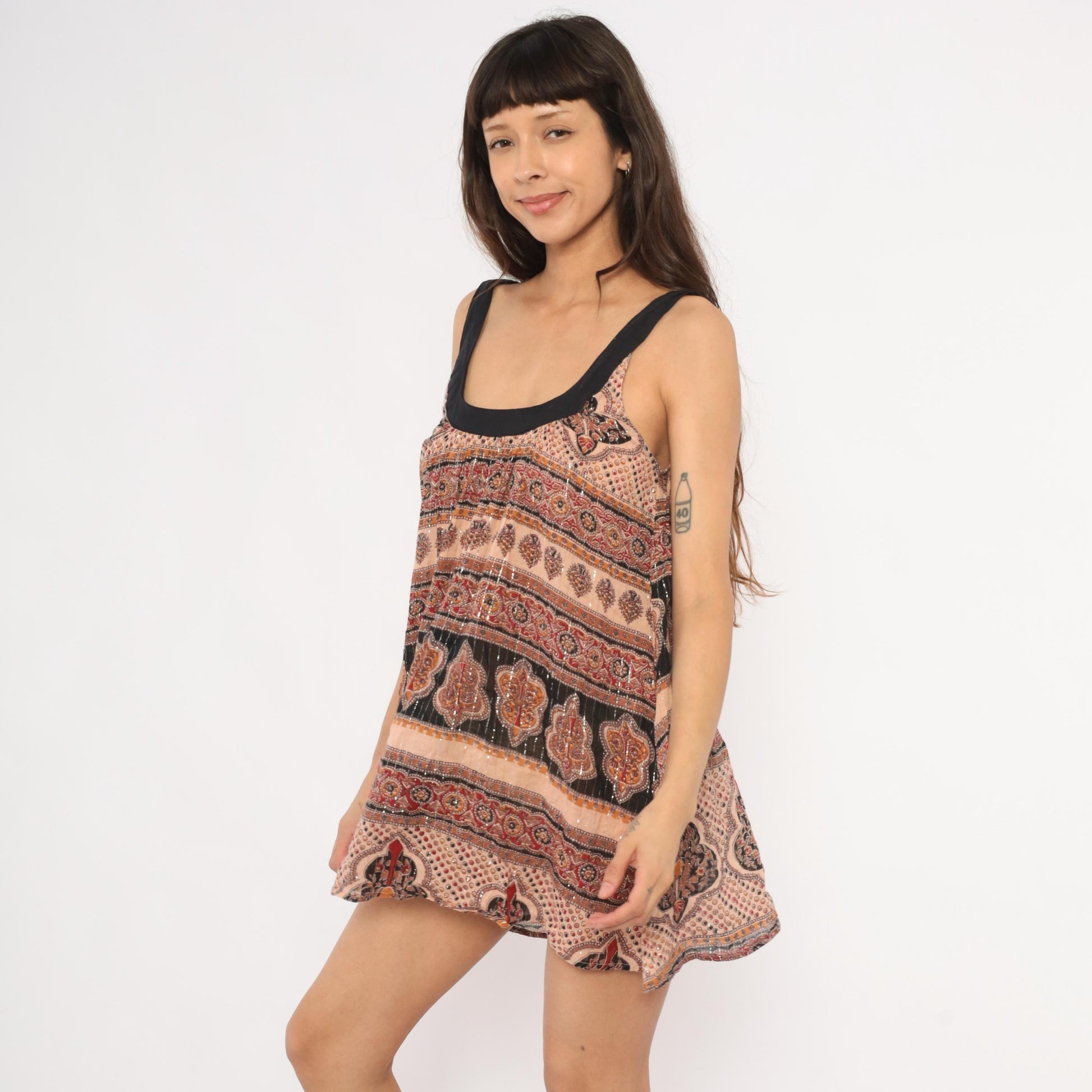 Y2K Bakul Indian Block Print Mini Dress Paisley Black Burgundy Small