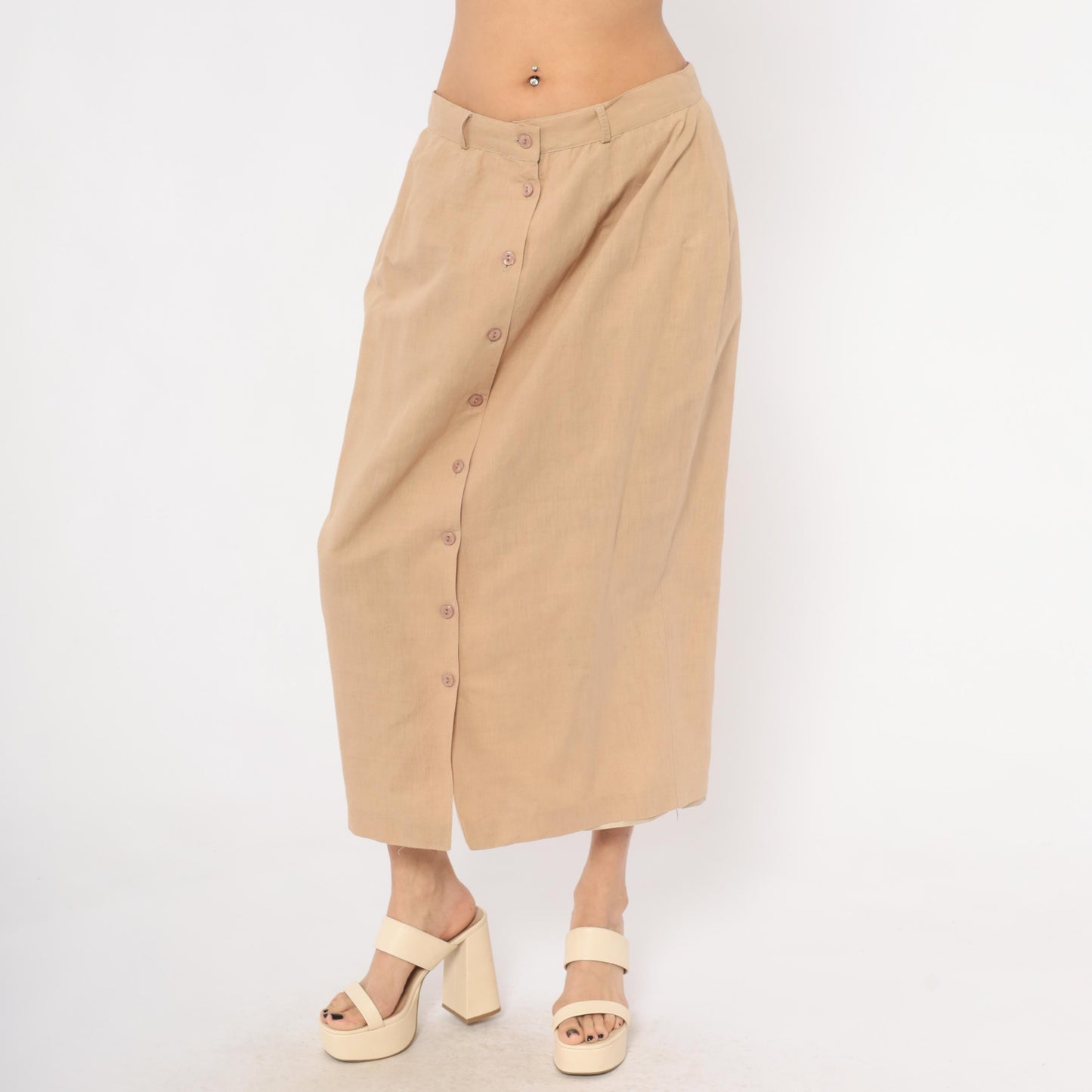 80s Carry Back Tan Linen Midi Skirt Button Front Medium M