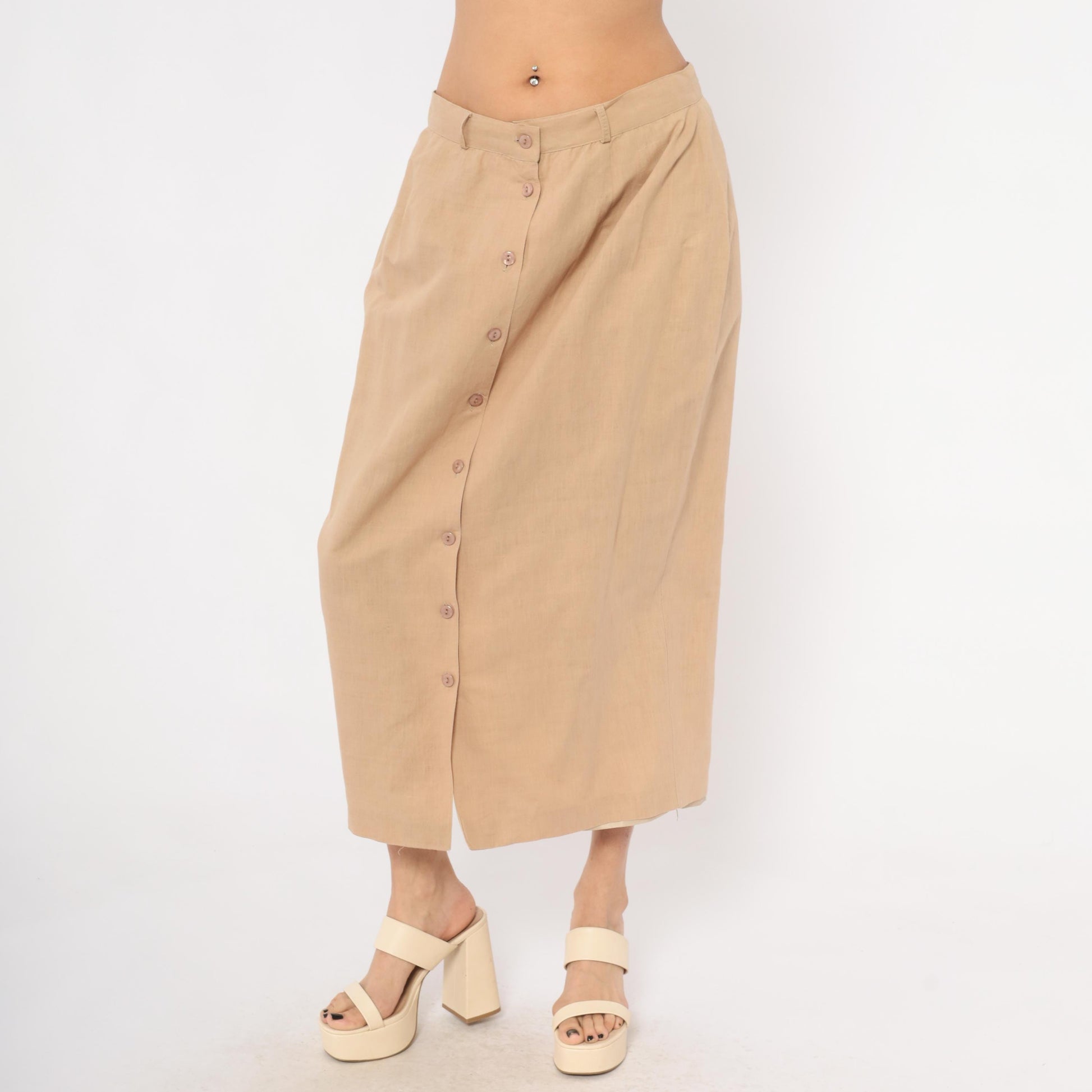 80s Carry Back Tan Linen Midi Skirt Button Front Medium M