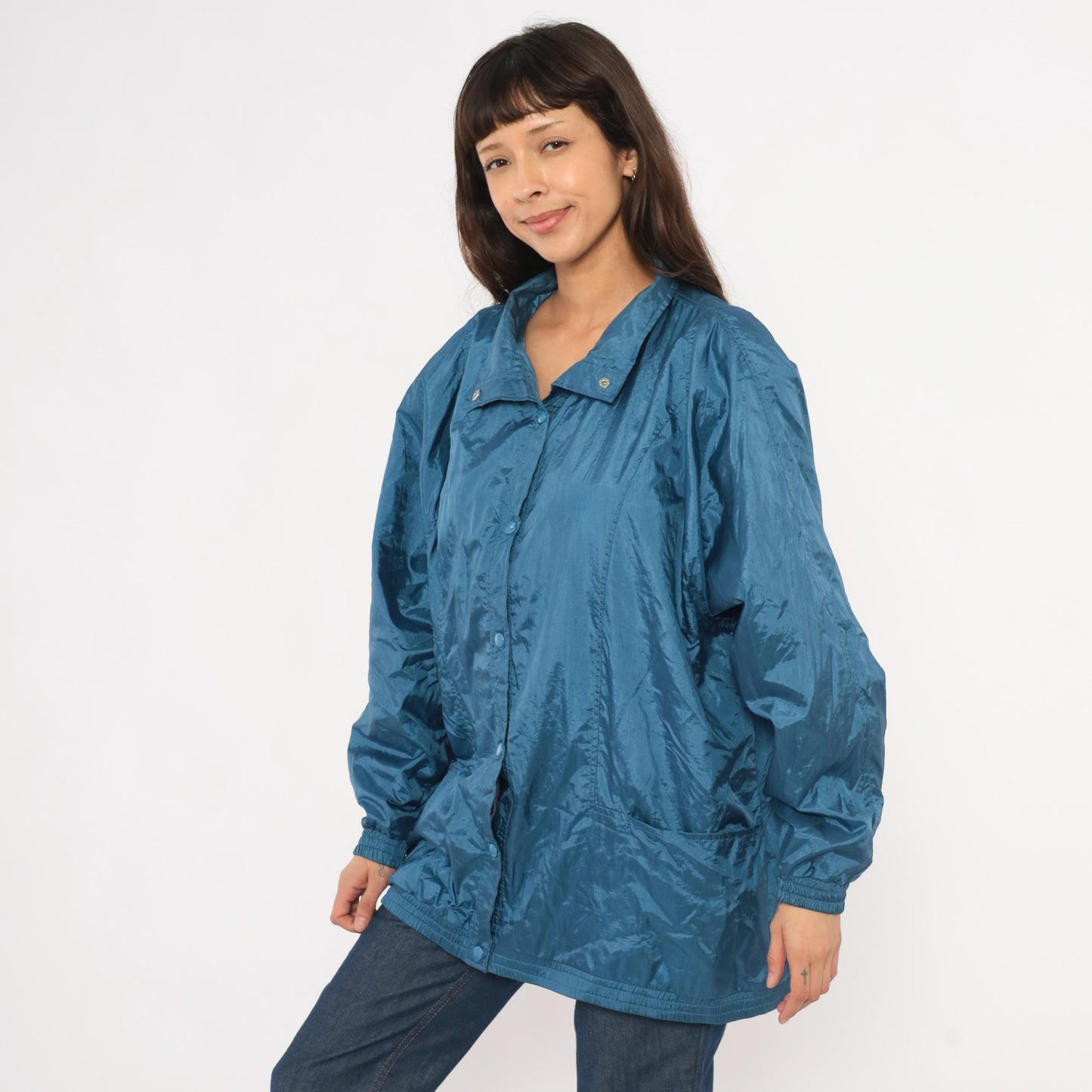 80s Tudor Court Windbreaker Jacket Steel Blue Nylon Coach Coat Large L