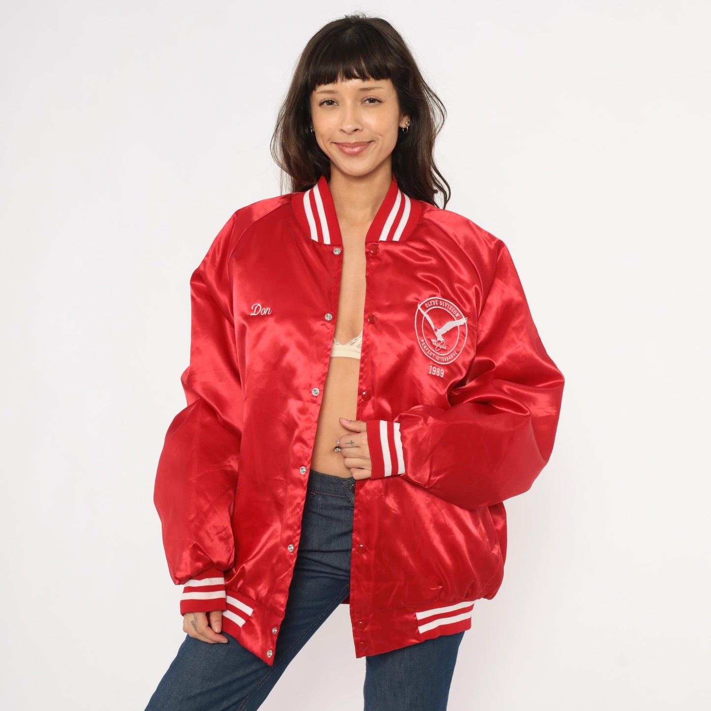 80s Red Satin Bomber Jacket Eagle Embroidered Snap Button Quilted Lining Plus Size 3XL