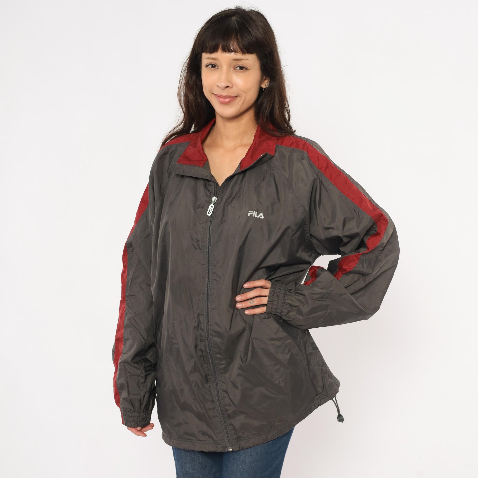 Y2K Fila Windbreaker Charcoal Grey Burgundy Colorblock Track Jacket Large L