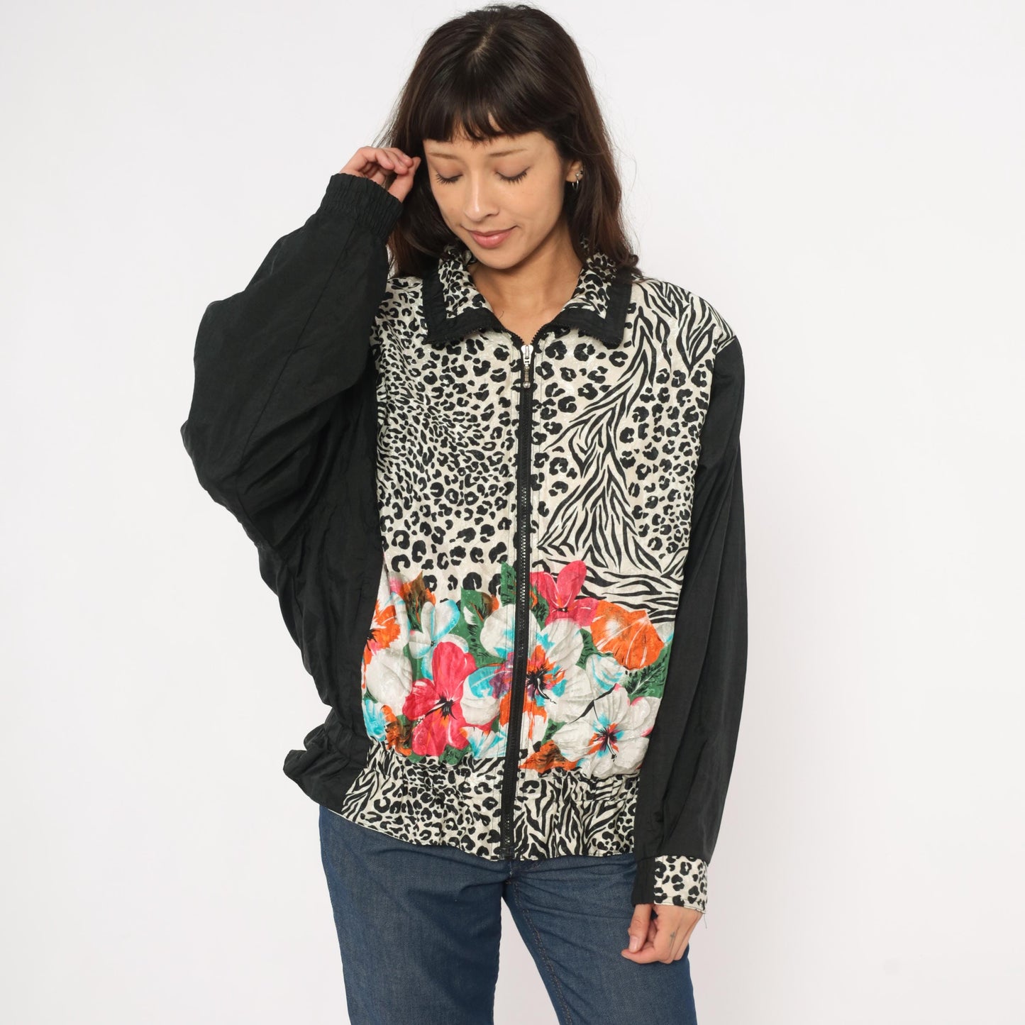 90s East West Leopard Zebra Floral Windbreaker Jacket Black Medium M