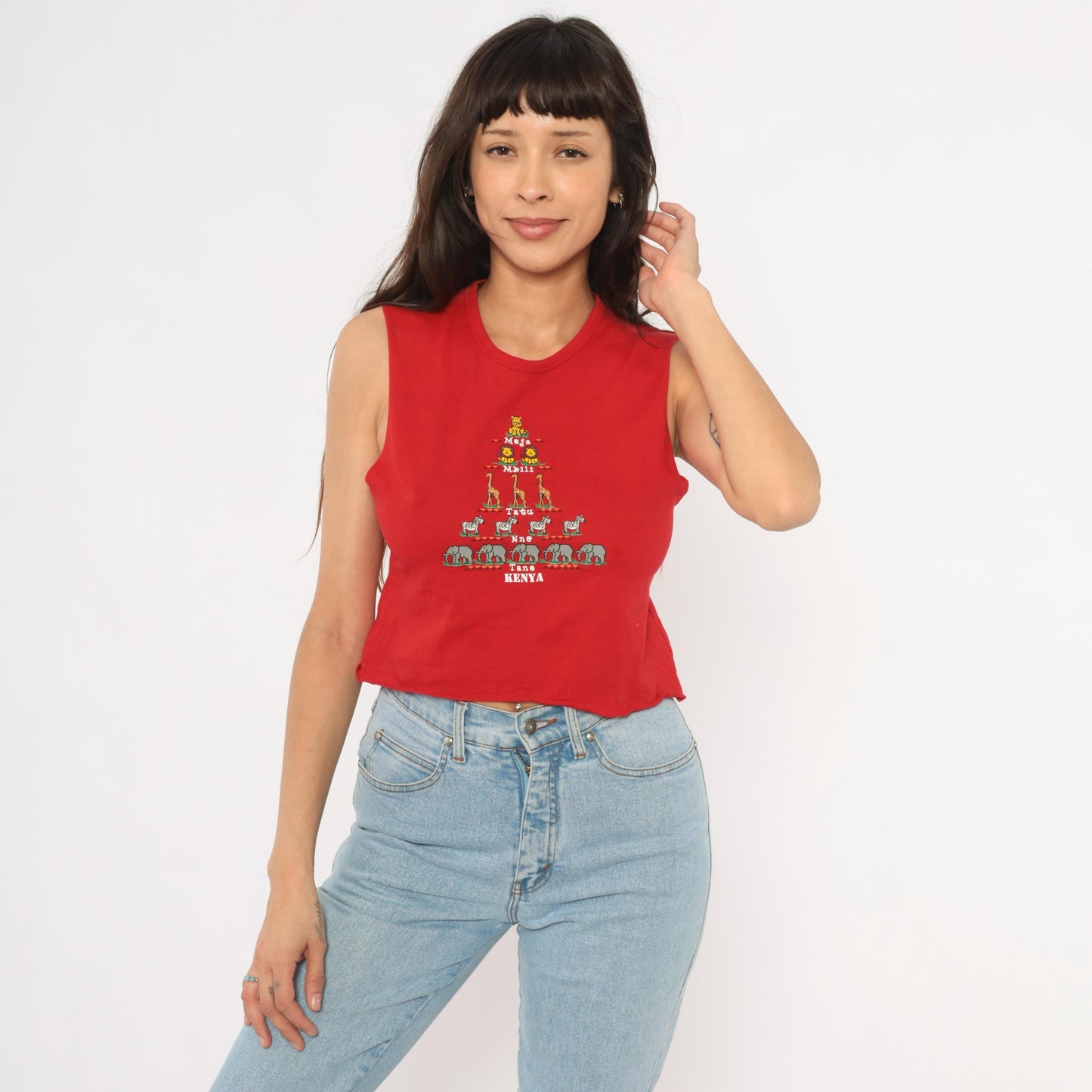 2000s Kenya Safari Animal Crop Tank Red Cotton Swahili Graphic XS