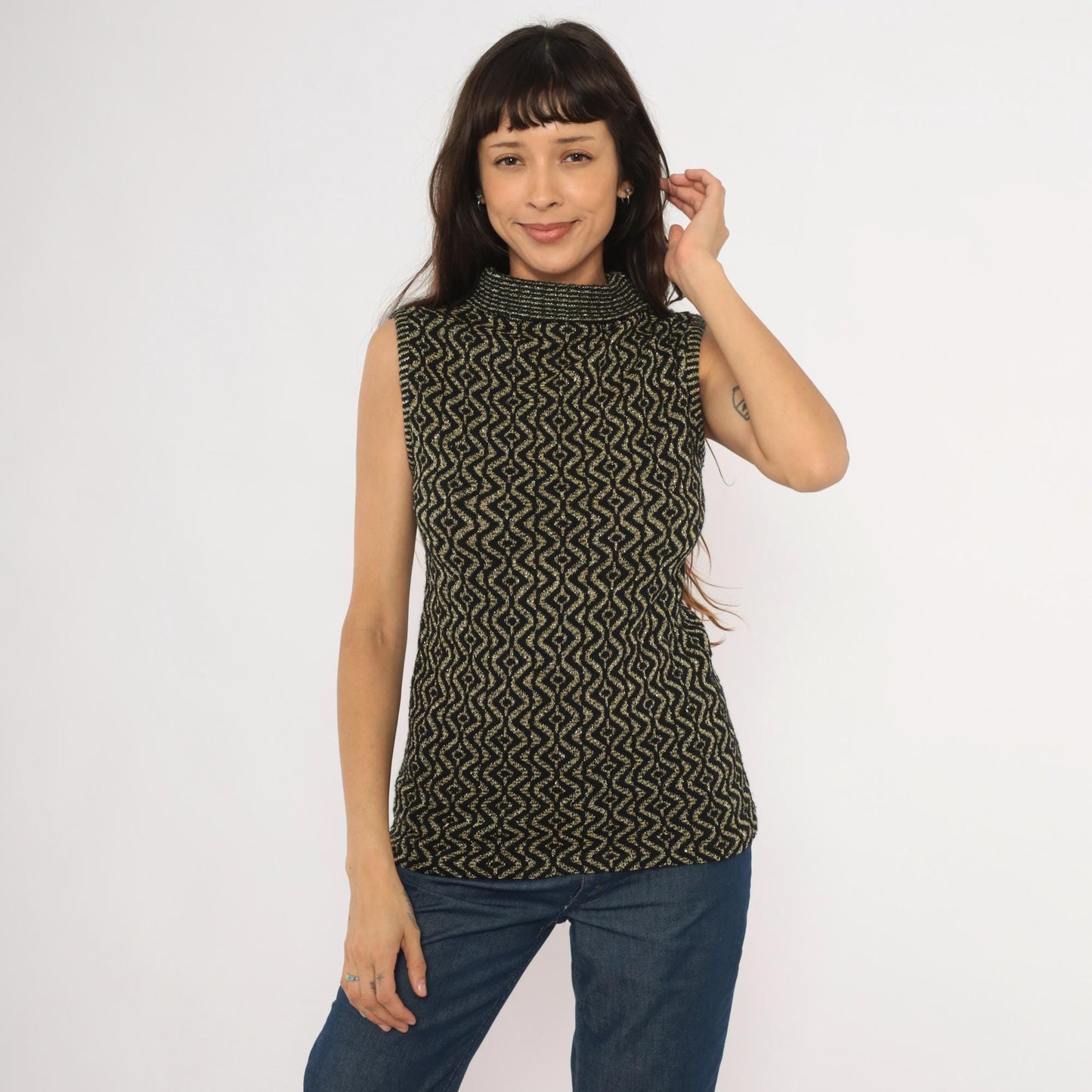 90s Black Gold Metallic Knit Mock Neck Tank Geometric Diamond Pattern Medium