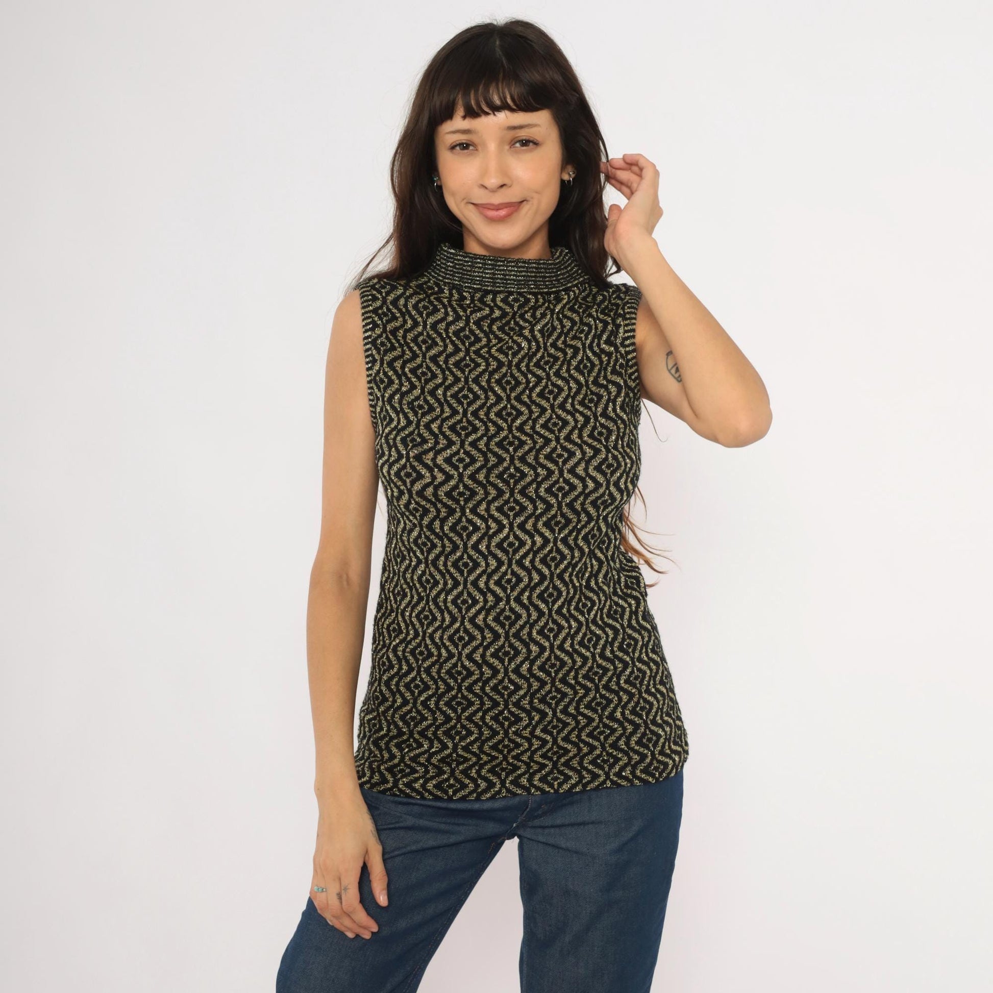 90s Black Gold Metallic Knit Mock Neck Tank Geometric Diamond Pattern Medium