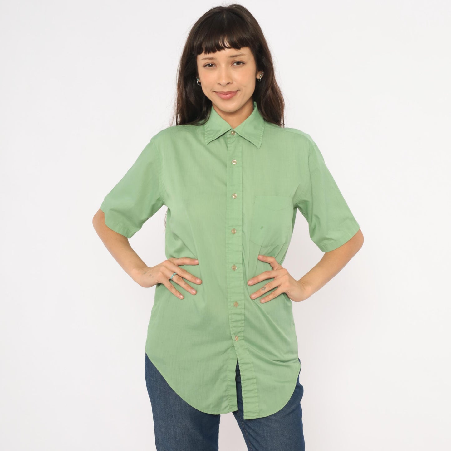 70s Mossini Sage Green Button Down Shirt Short Sleeve Pointed Collar Small
