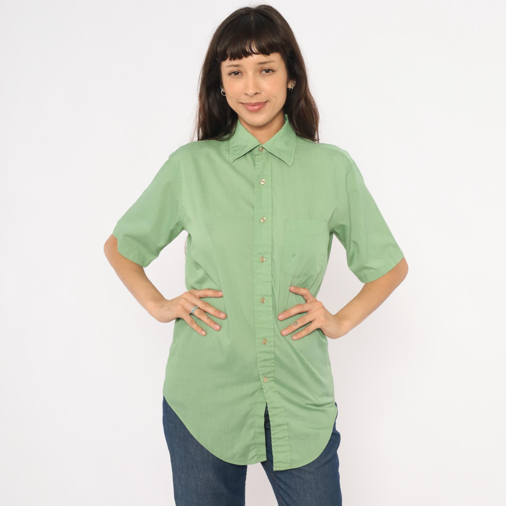 70s Mossini Sage Green Button Down Shirt Short Sleeve Pointed Collar Small