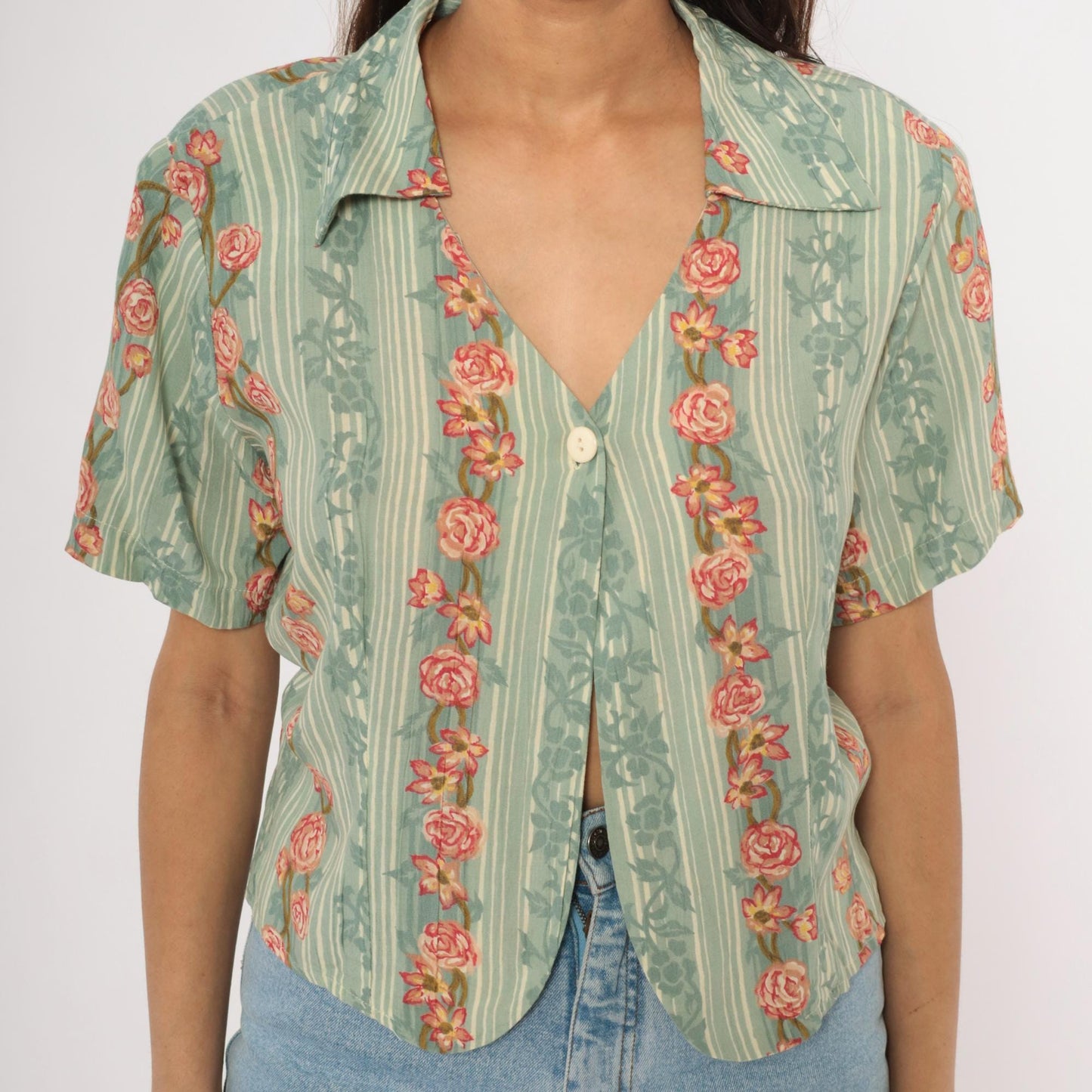 90s ICI Sage Green Striped Rose Vine Blouse V Neck Crop Top Large L