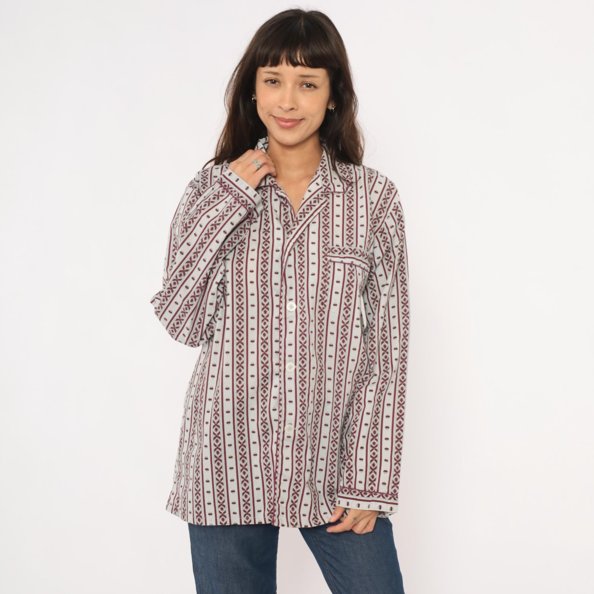 80s MTL Classics Pajama Shirt Geometric Stripe Burgundy Grey Notched Collar Large