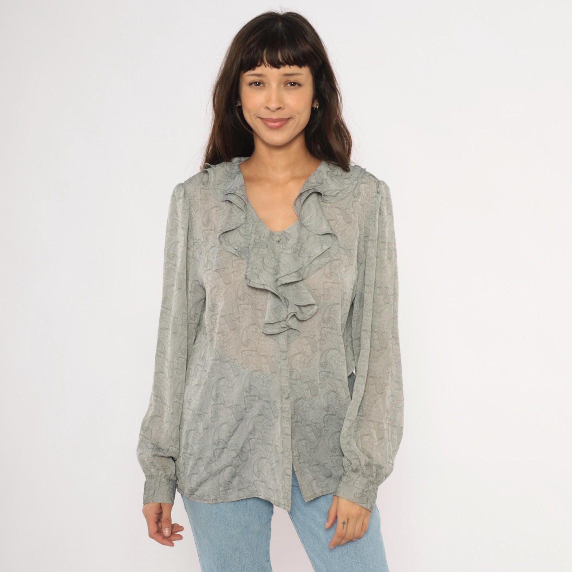 90s Christie & Jill Paisley Ruffle Blouse Grey Silver Button Front V Neck Large L