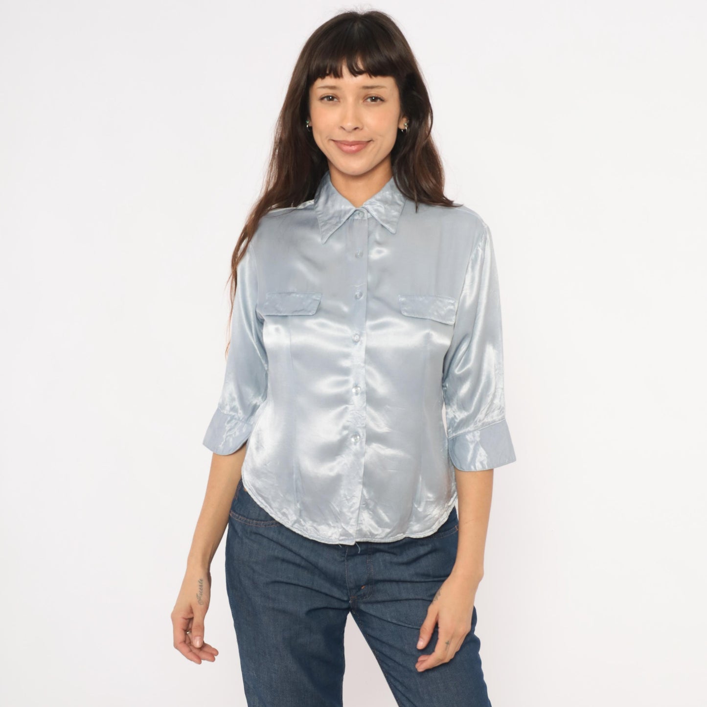 90s Younique Silver Satin Button Blouse Three Quarter Sleeve Small