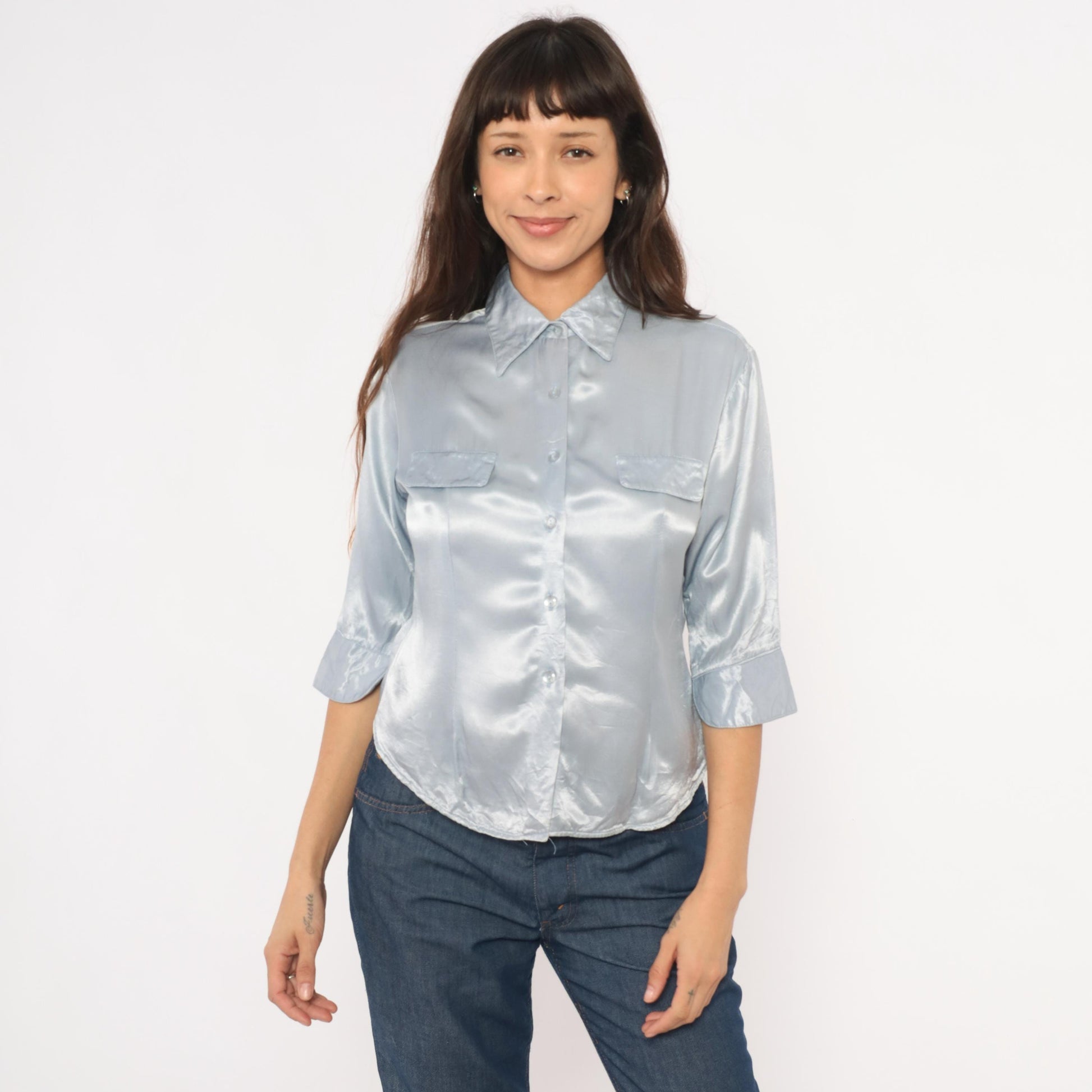 90s Younique Silver Satin Button Blouse Three Quarter Sleeve Small