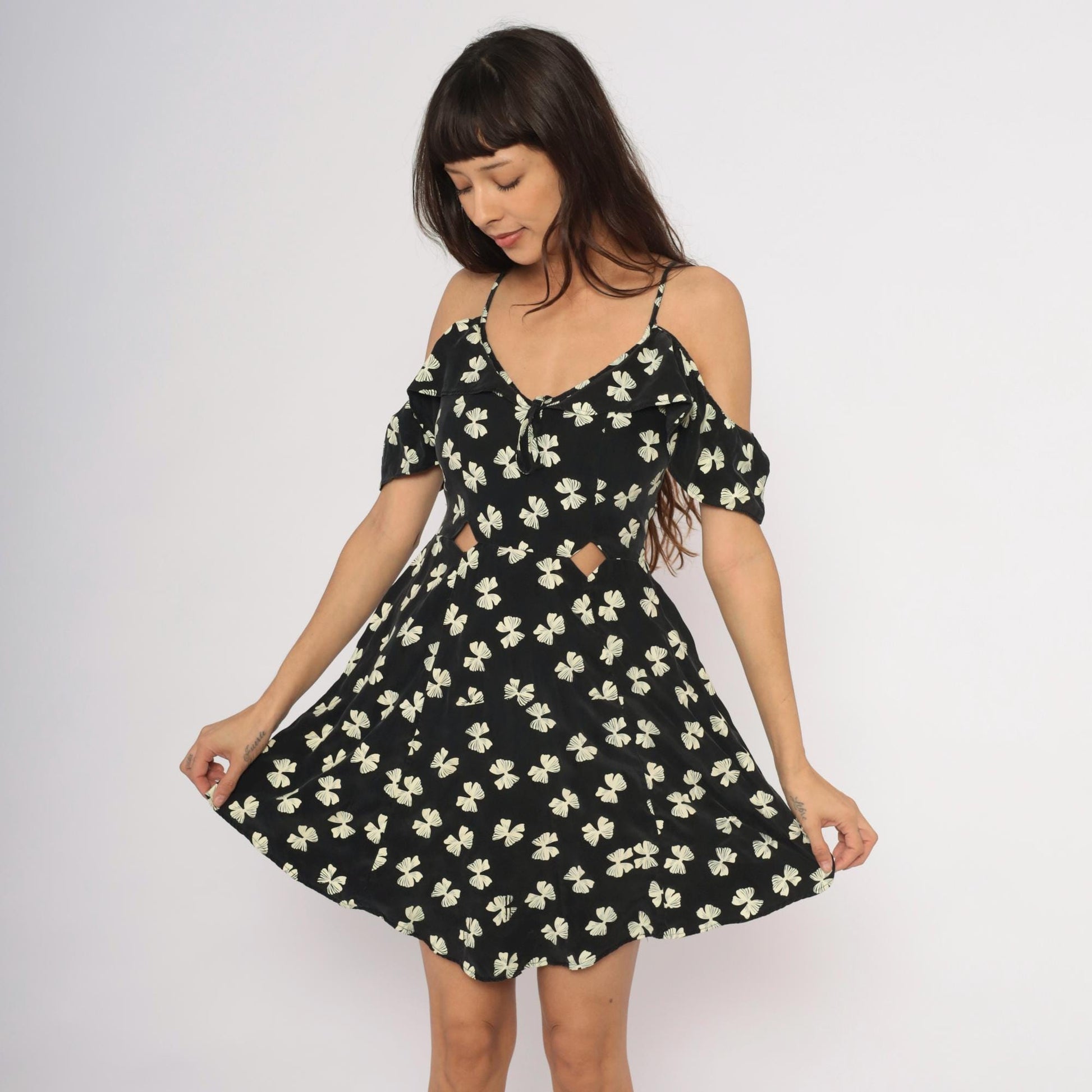 Y2K Black Cream Bow Print Mini Dress Cold Shoulder Cutout Small S