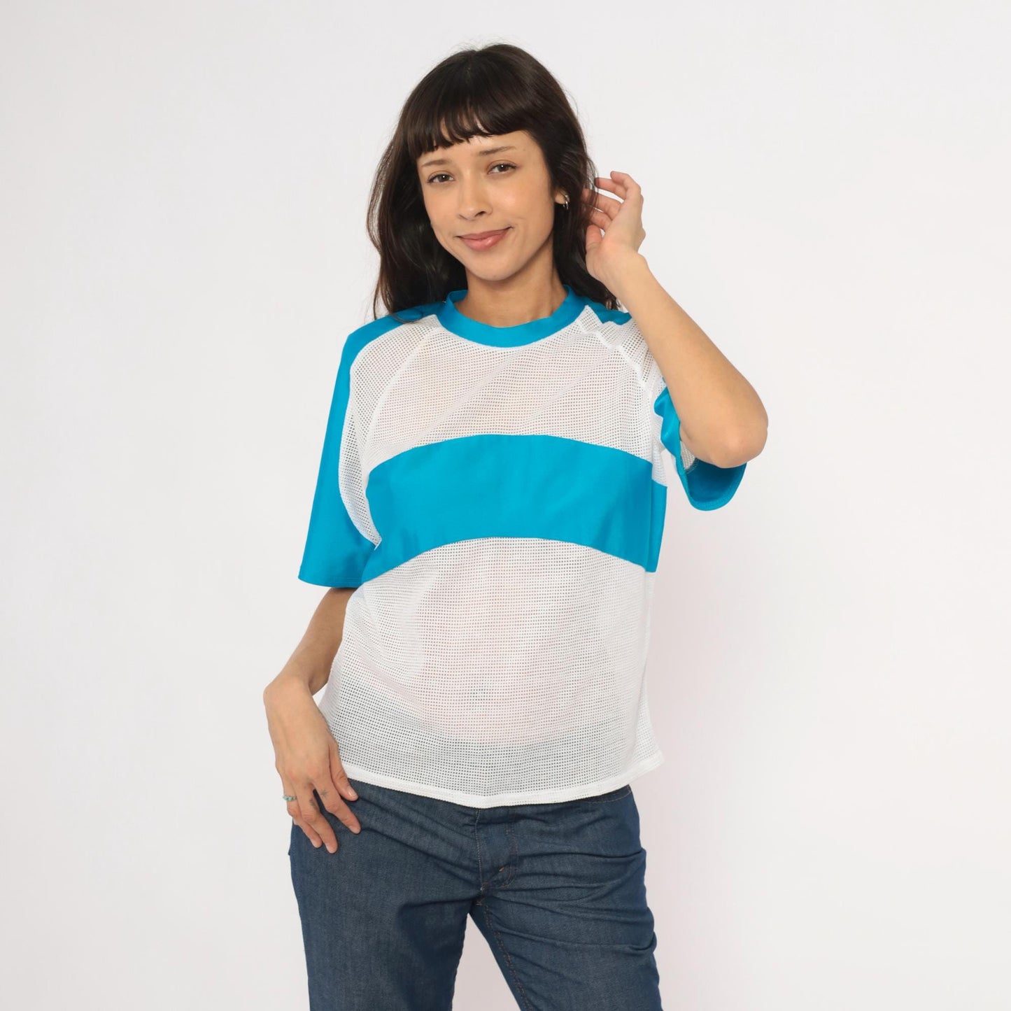 90s Kanu Mesh Panel Raglan Tee Blue White Colorblock Cotton Medium M