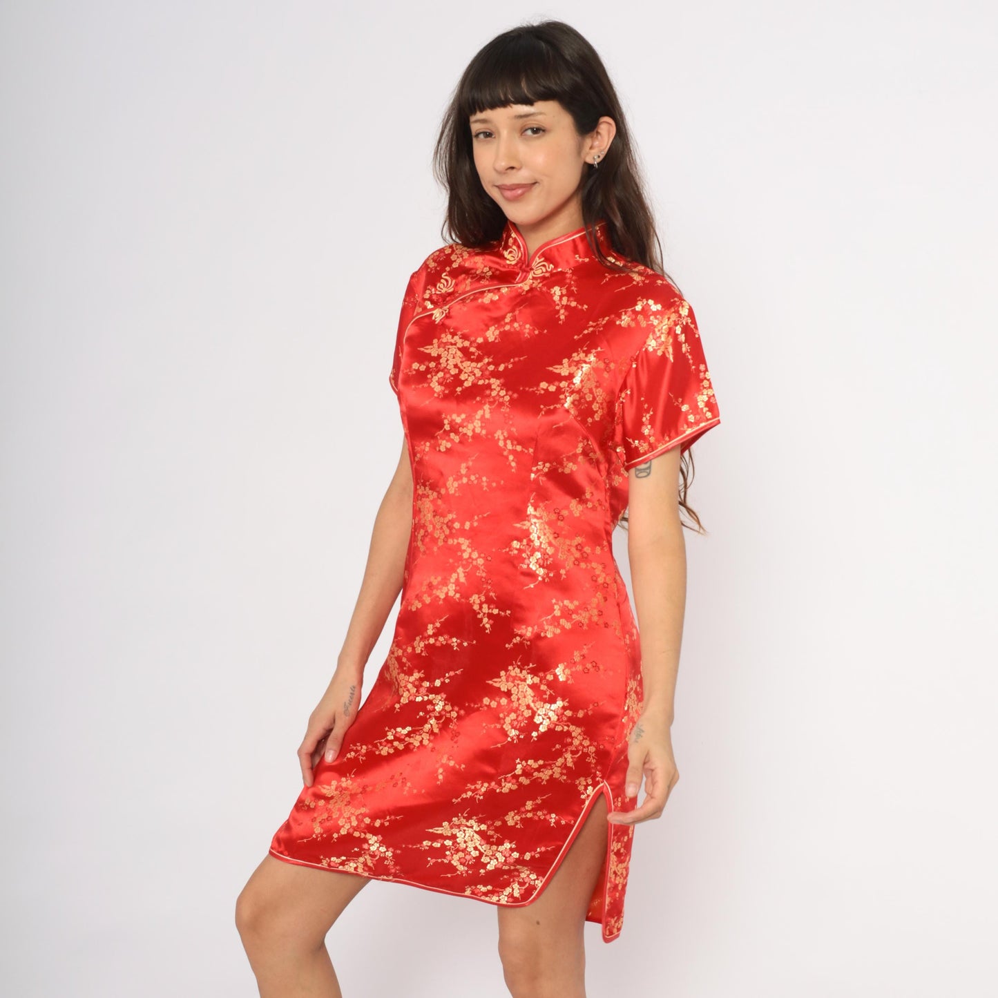 80s Xuan Tang Red Cheongsam Gold Cherry Blossom Qipao Plus Size XXL