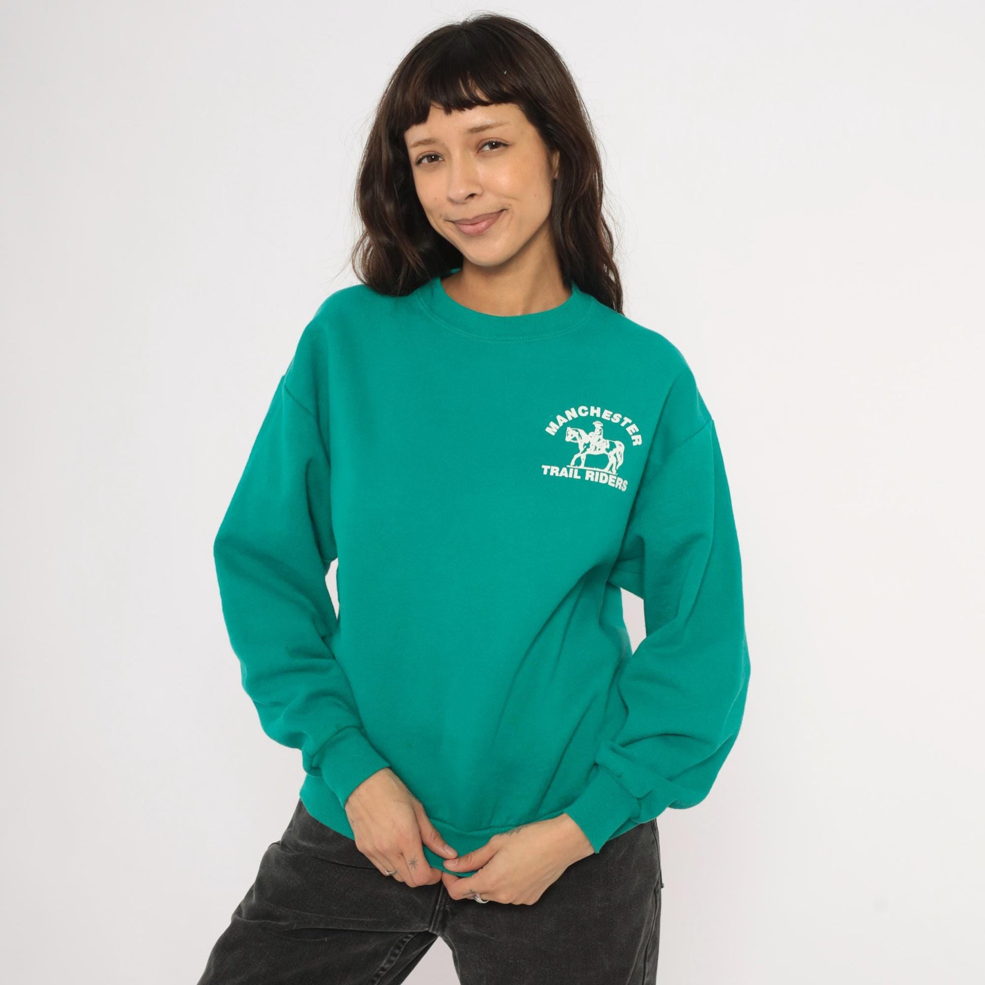 90s Jerzees Manchester Trail Riders Equestrian Sweatshirt Teal Cotton Medium M