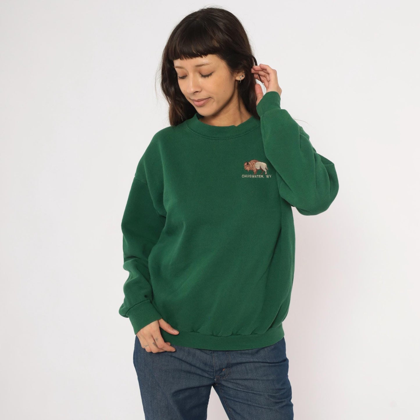 90s Lee Bison Embroidered Sweatshirt Forest Green Chugwater Wyoming Large