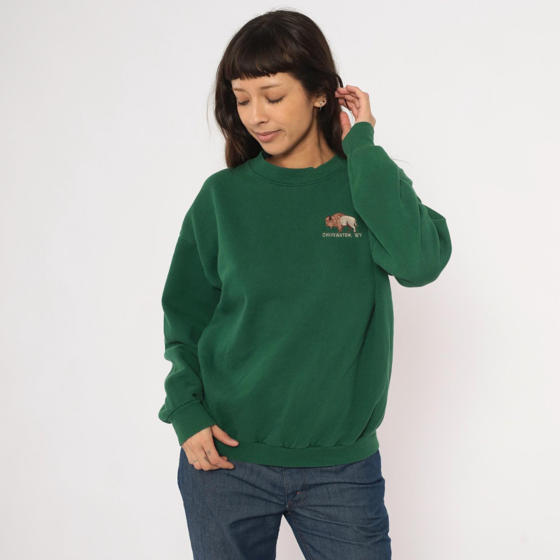 90s Lee Bison Embroidered Sweatshirt Forest Green Chugwater Wyoming Large