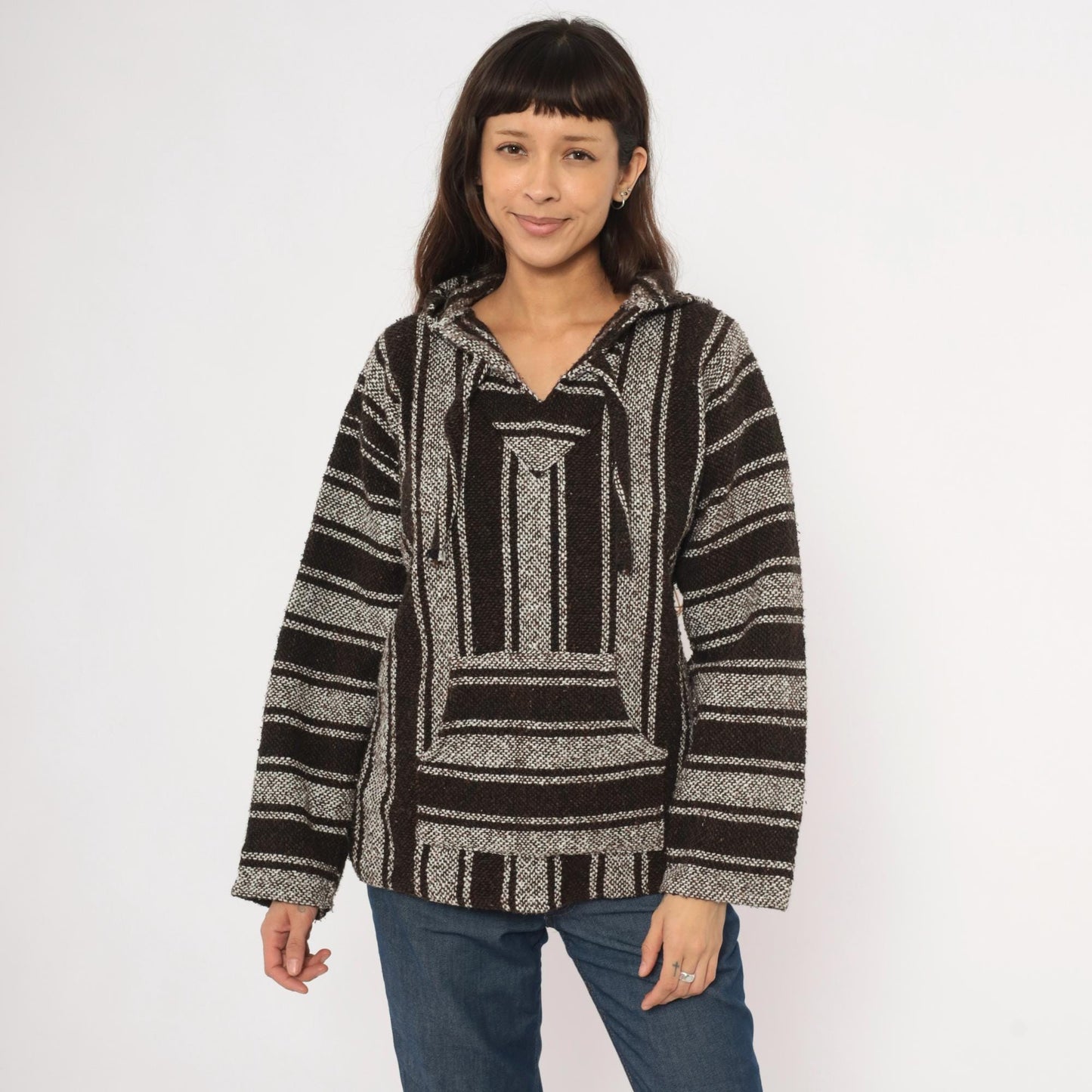 90s Sandy Baja Hoodie Brown White Striped Woven Pullover Medium