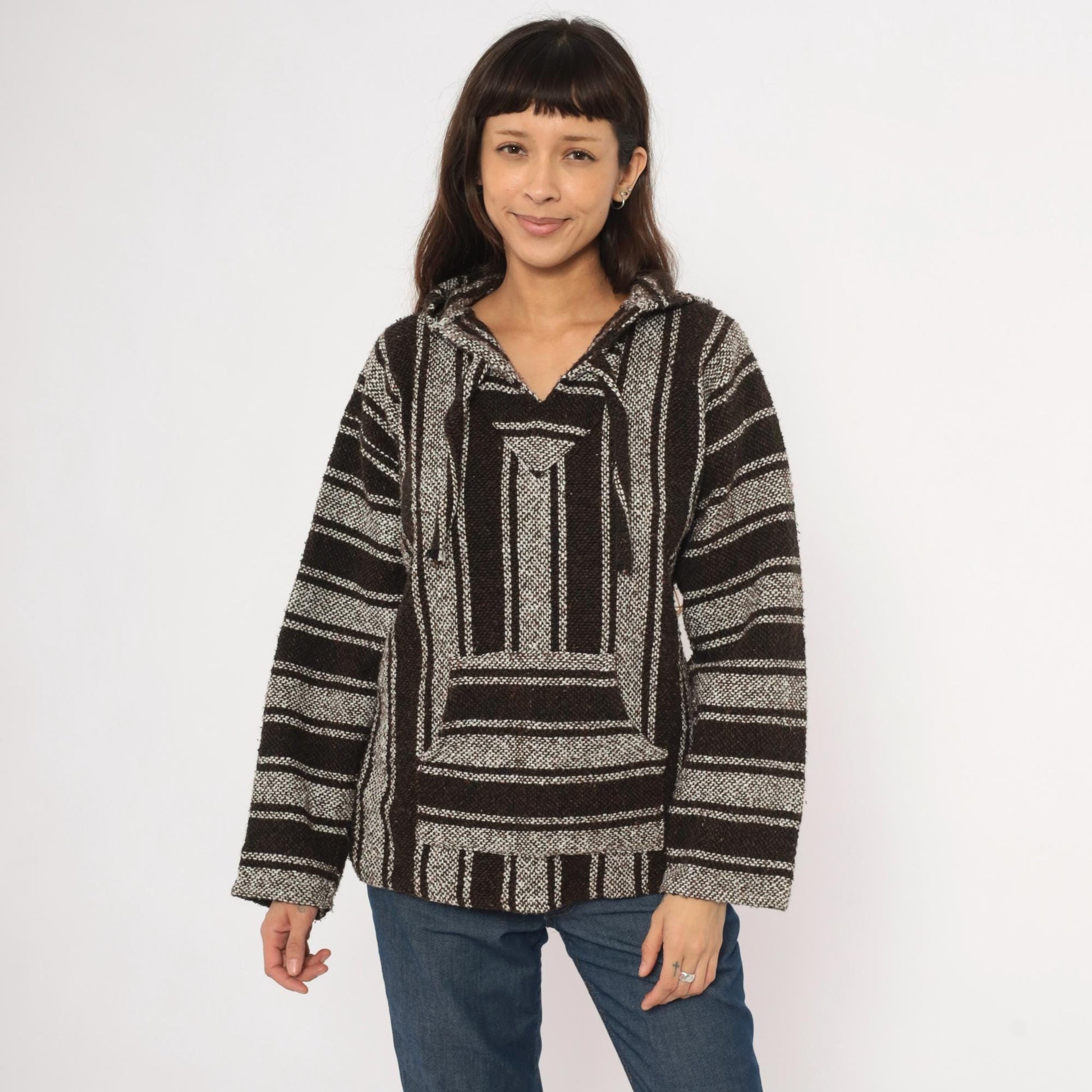 90s Sandy Baja Hoodie Brown White Striped Woven Pullover Medium