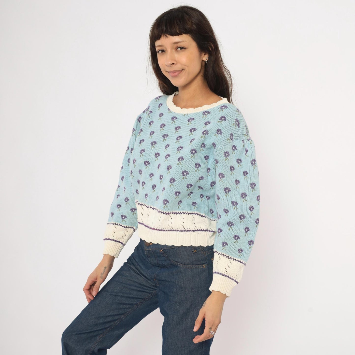 80s Light Blue Floral Knit Sweater Puff Sleeve Pointelle Trim Cotton Medium
