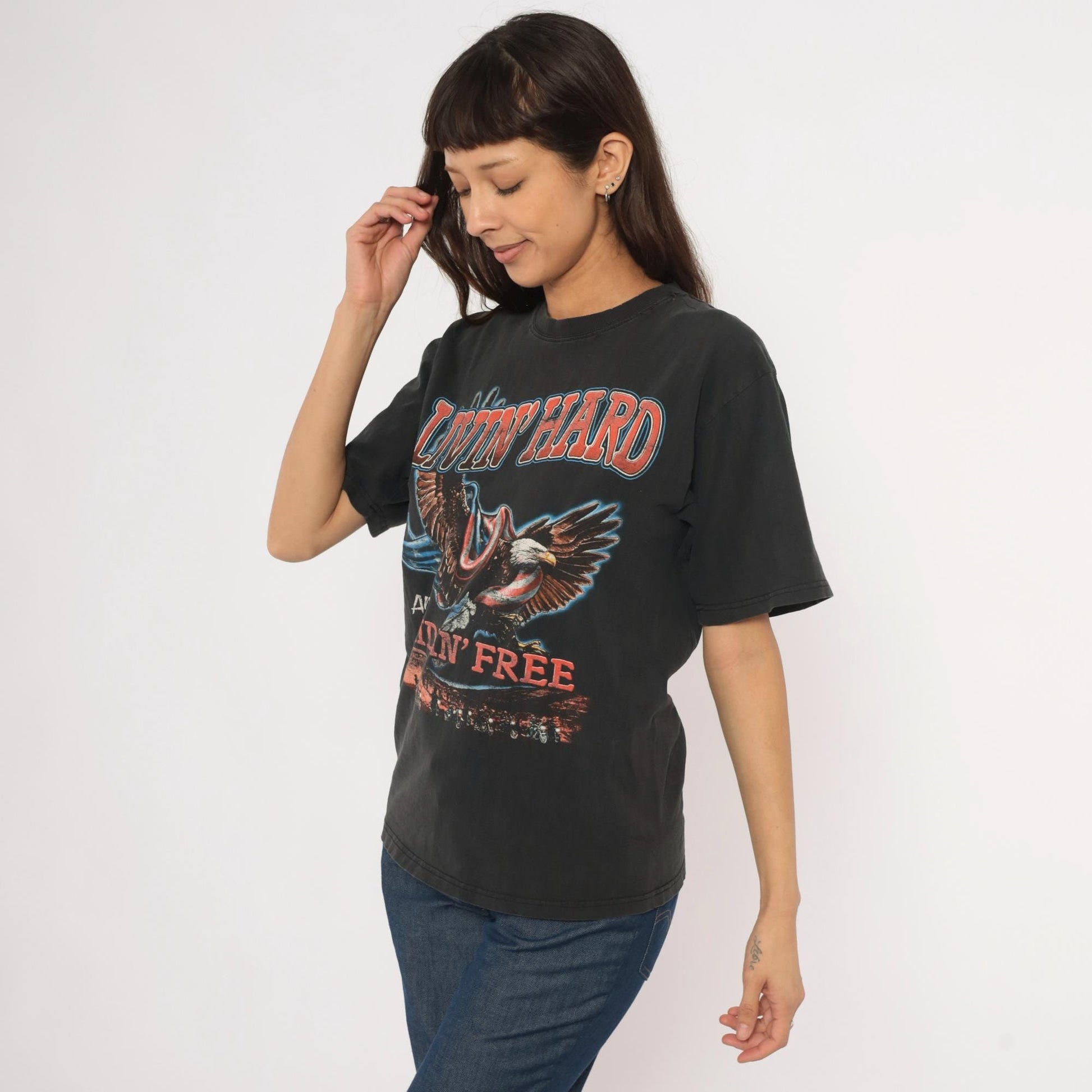 90s Cooper Cycles Biker Tee Black Eagle Motorcycle Graphic Cotton Small