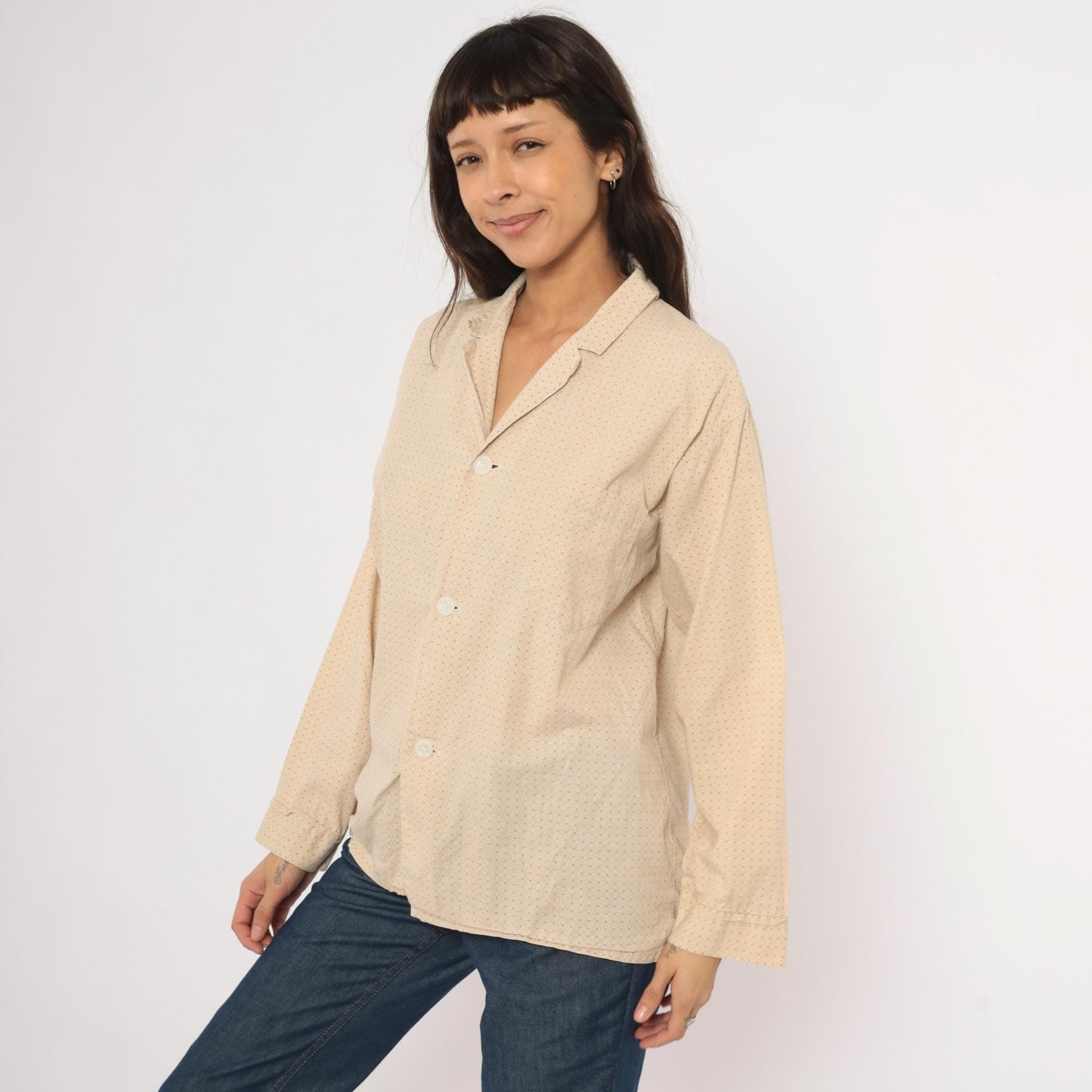 80s Faultless Basketweave Camp Collar Shirt Tan Cotton Blend Large L