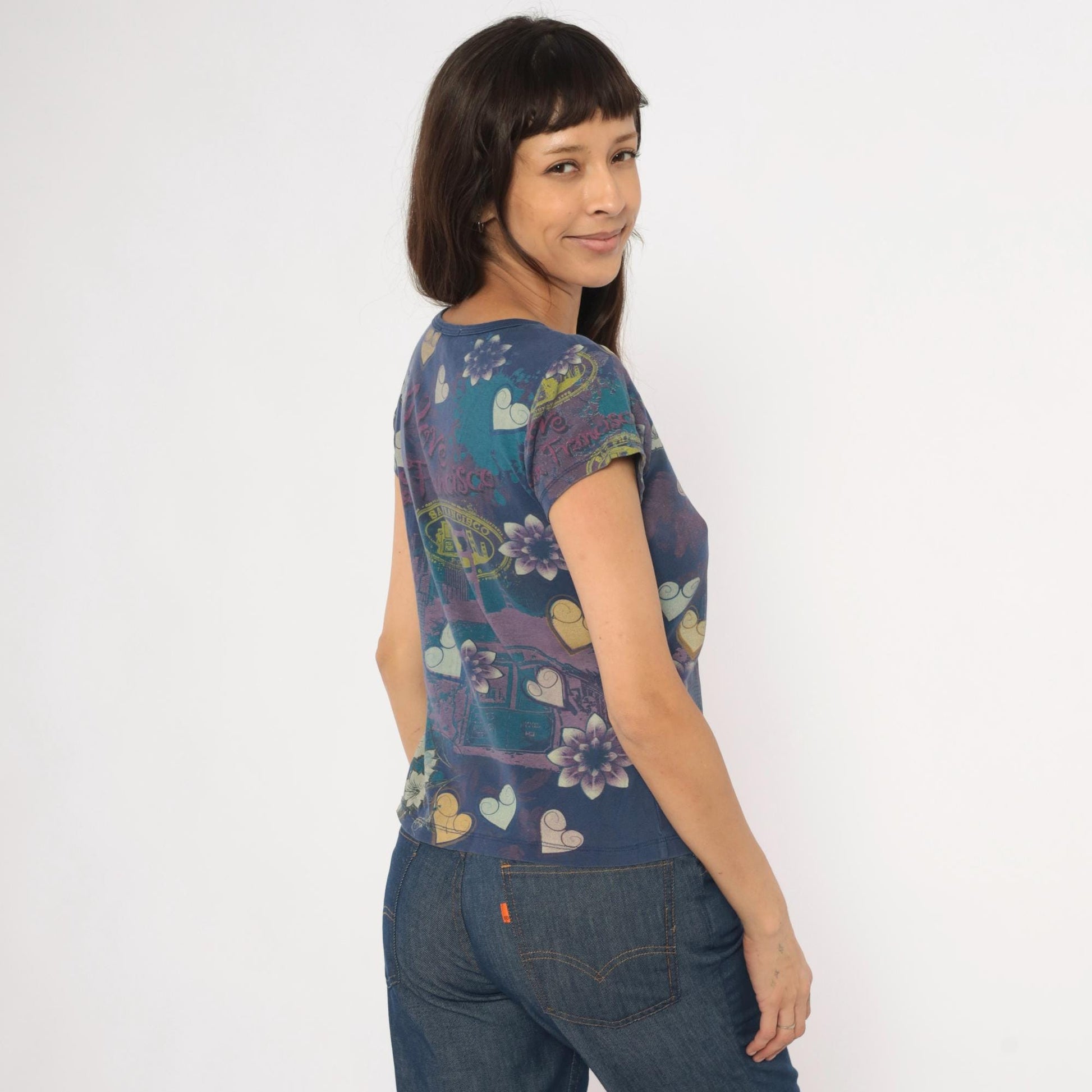 Y2K San Francisco Graphic Tee Vintage Suzie Floral Heart Studded Navy Purple Petite Medium